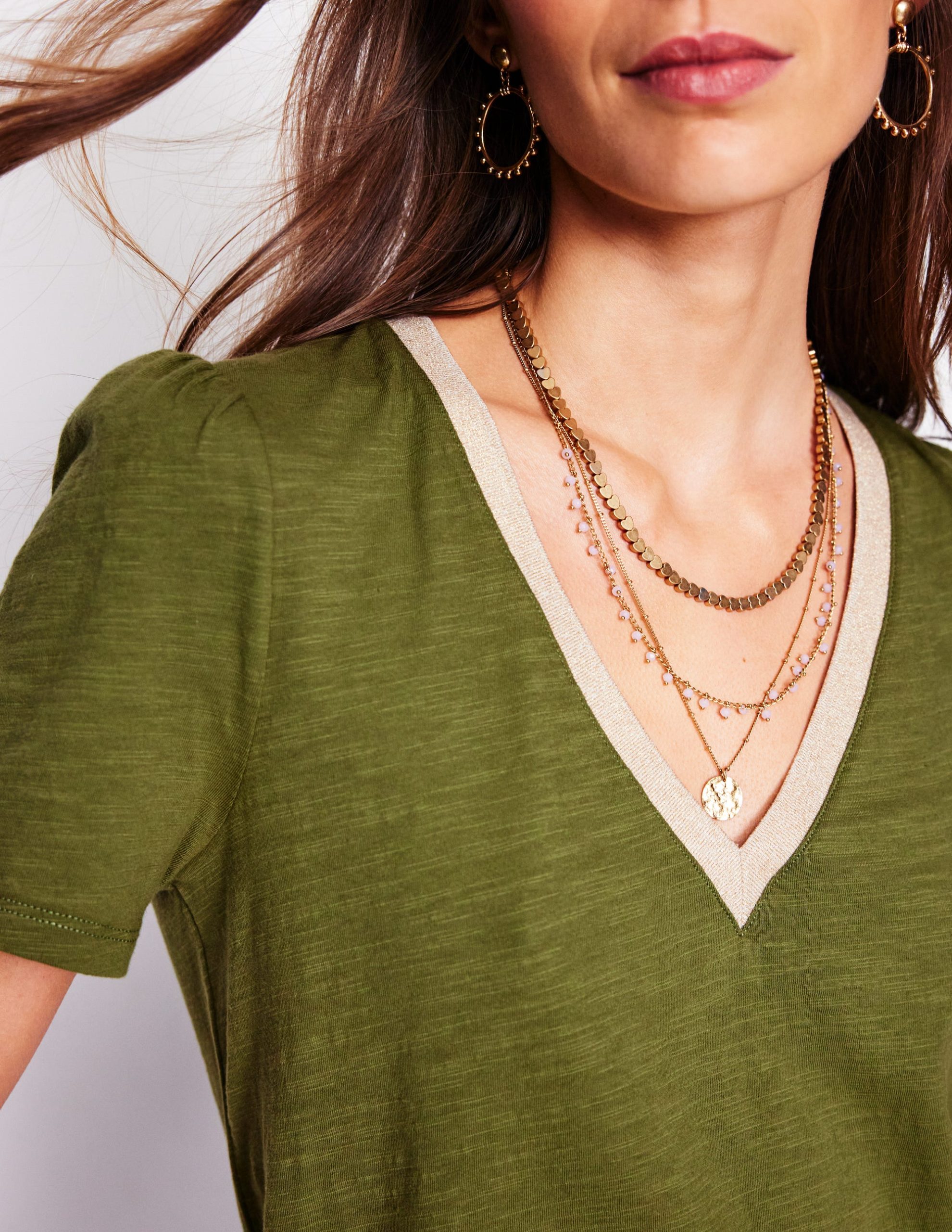 Metallic Trim V Neck T-shirt-Mayfly - Image 3