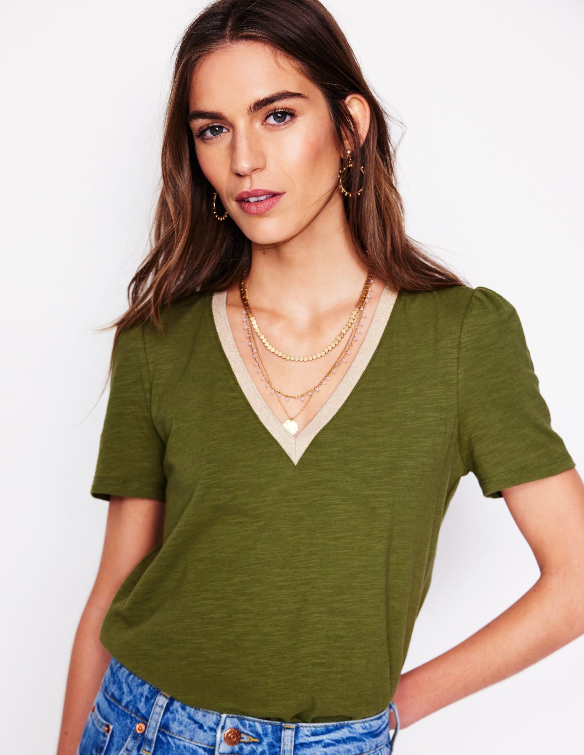 Metallic Trim V Neck T-shirt-Mayfly - Image 5