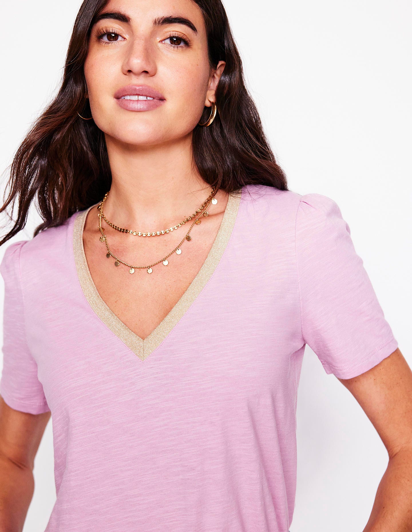 Metallic Trim V Neck T-shirt-Soft Lavender - Image 4