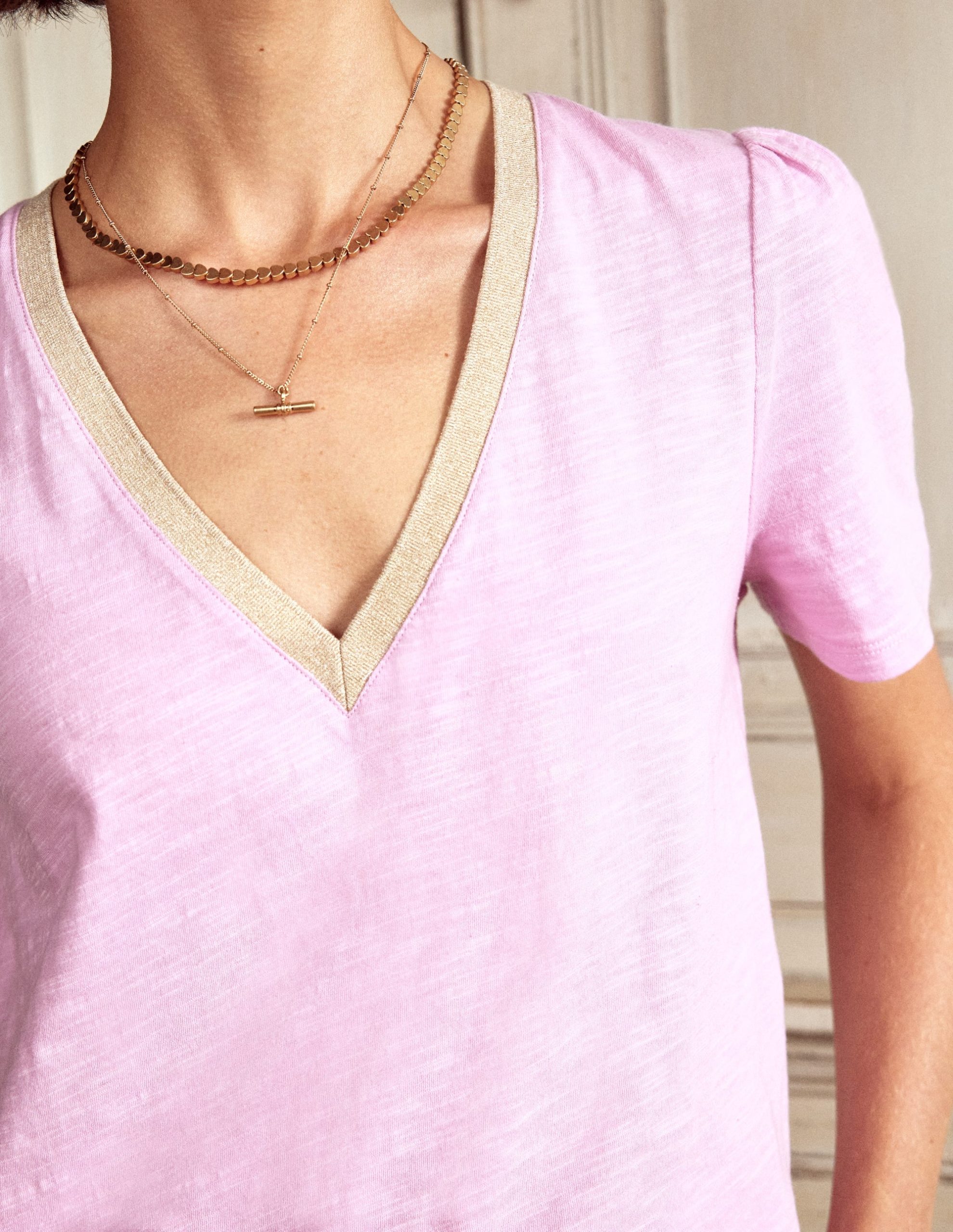 Metallic Trim V Neck T-shirt-Soft Lavender - Image 2