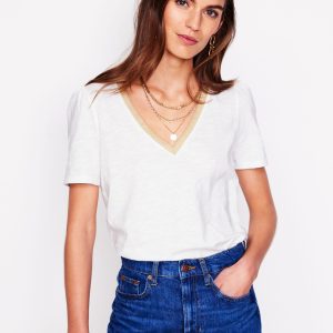 Metallic Trim V Neck T-shirt-White