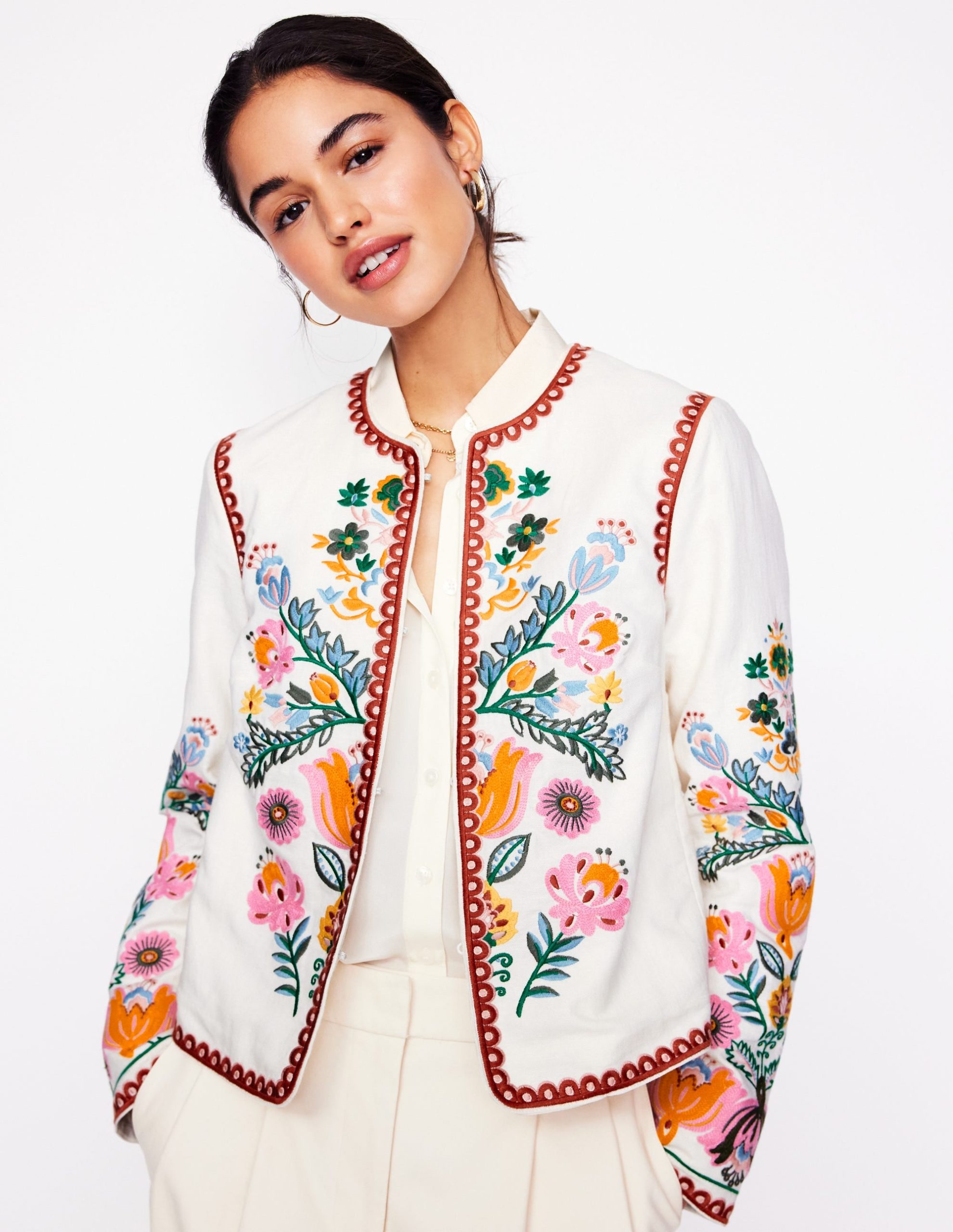 Embroidered Linen Jacket-Ivory. Tulip Fusion
