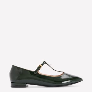 Round Toe T-Bar Flats-Green Patent