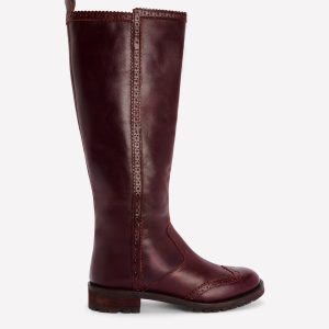 Brogue Detail Knee Boots-Oxblood