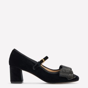 Embellished Bow Block Heels-Black