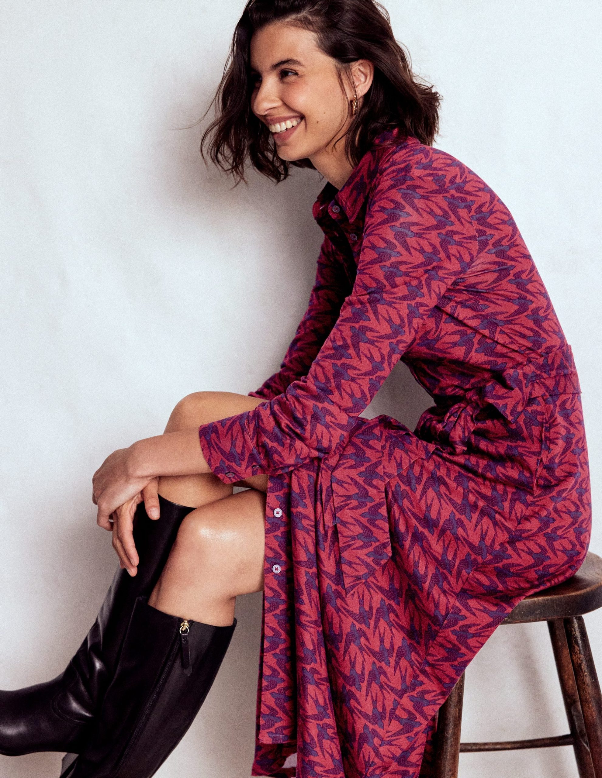 Marcia Jersey Shirt Dress-Burgundy Red. Swooping Swallow - Image 5