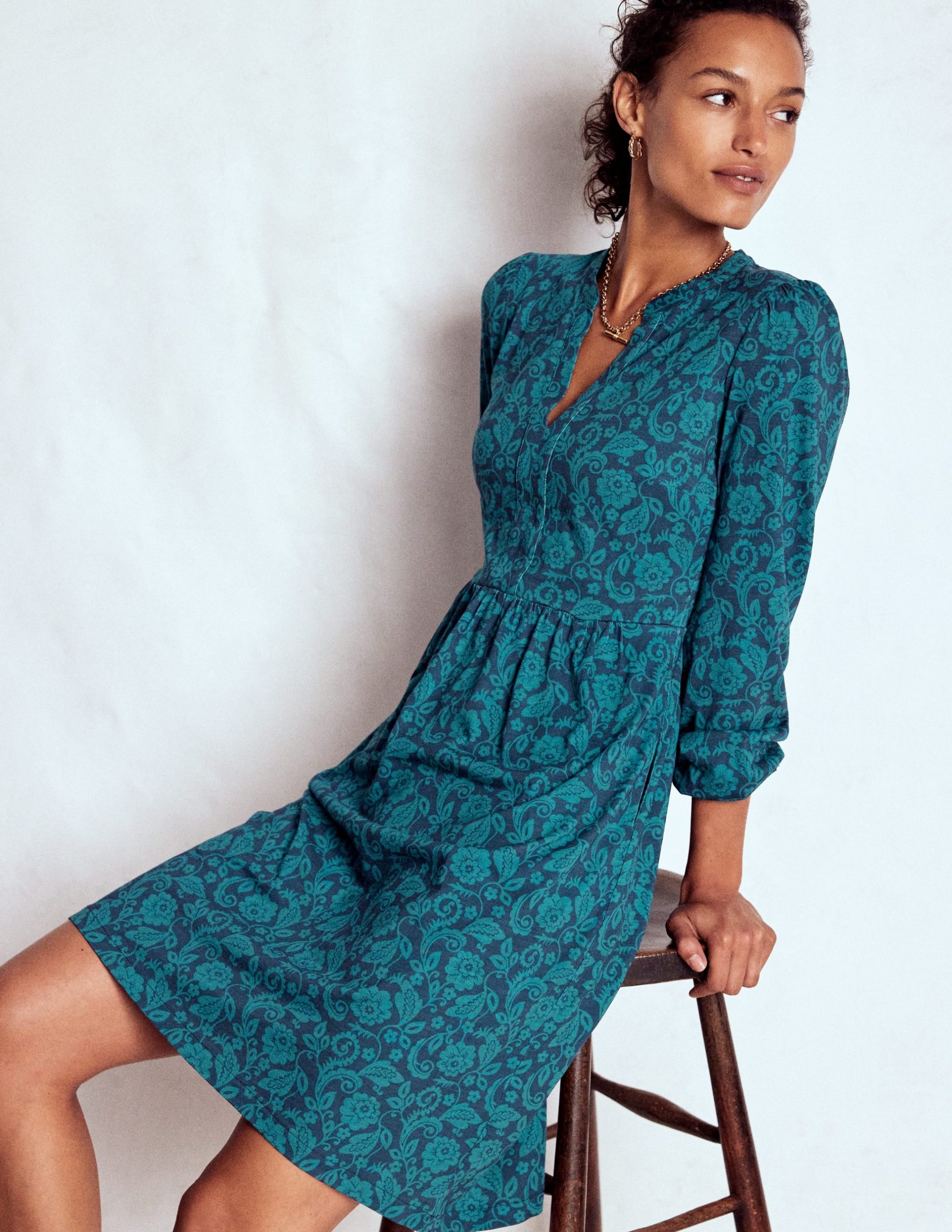 Naomi Relaxed Jersey Dress-Midnight Ocean. Ornate Flora