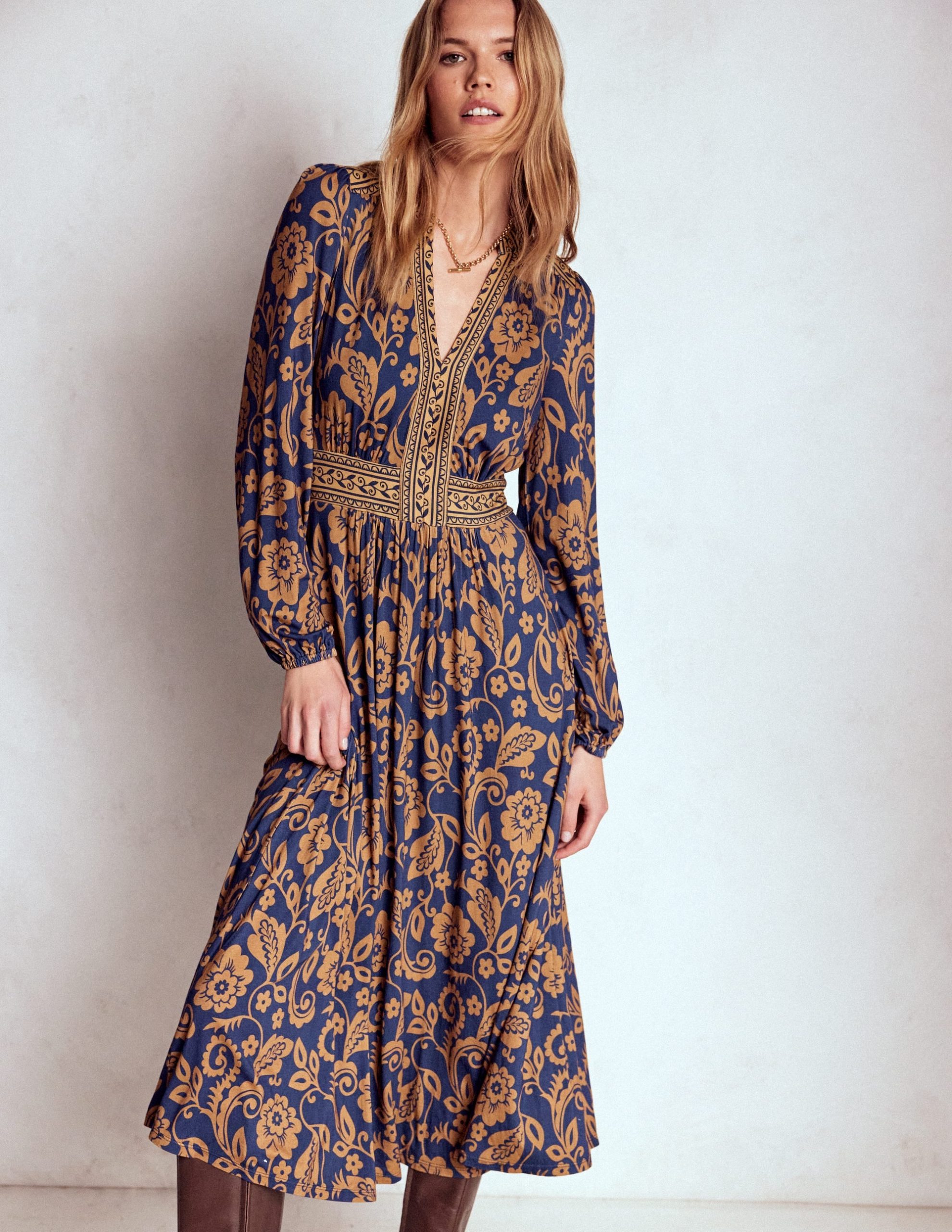 Lily Long Sleeve Midi Dress-French Navy. Ornate Flora