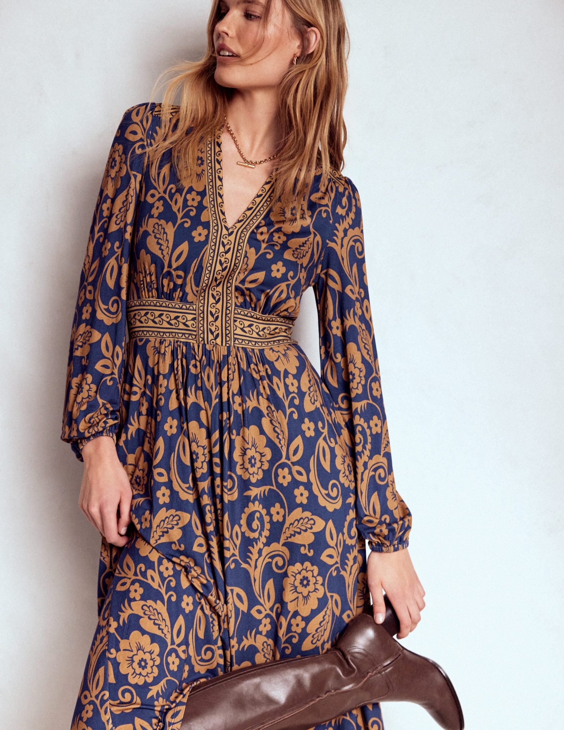 Lily Long Sleeve Midi Dress-French Navy. Ornate Flora - Image 2