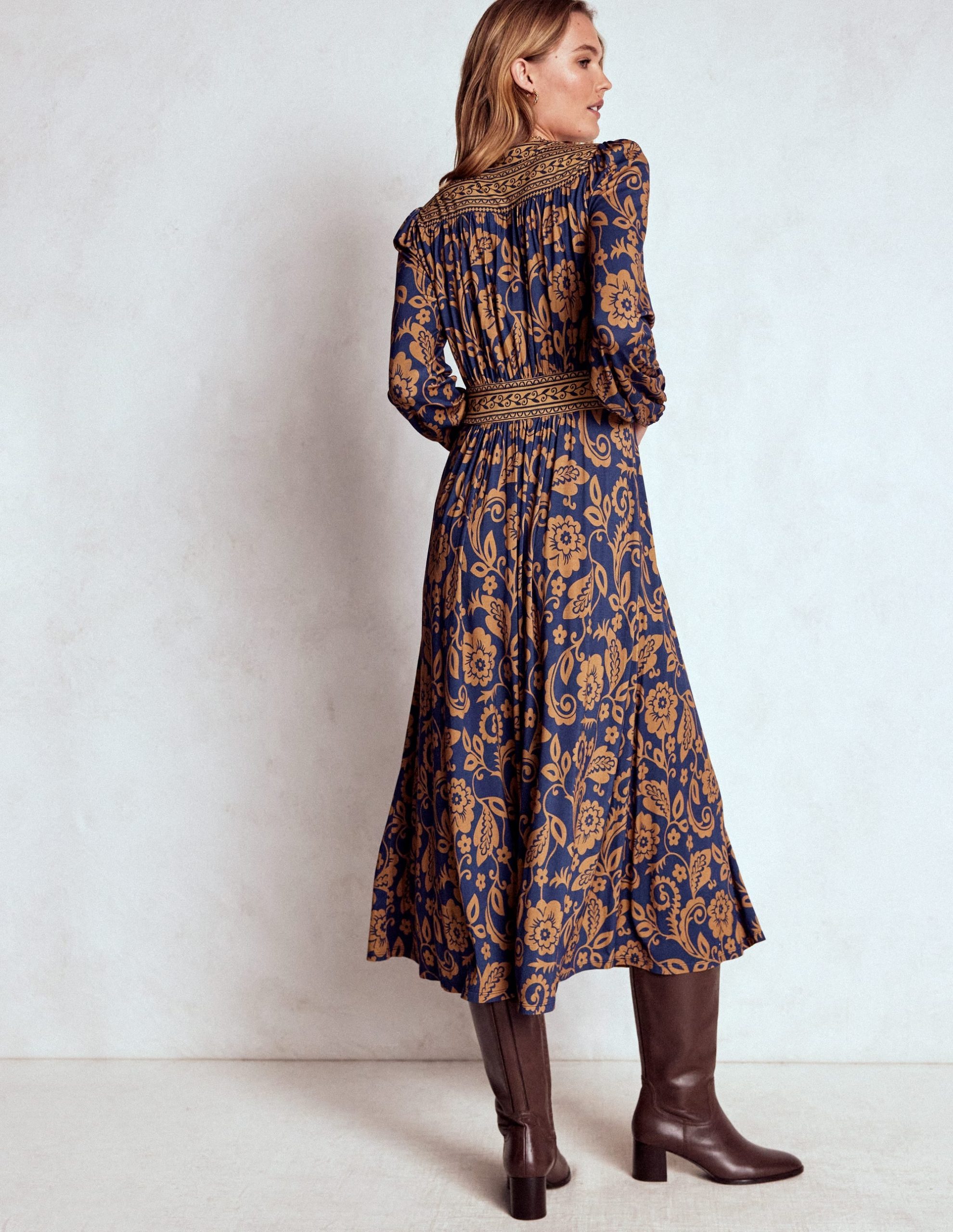 Lily Long Sleeve Midi Dress-French Navy. Ornate Flora - Image 3