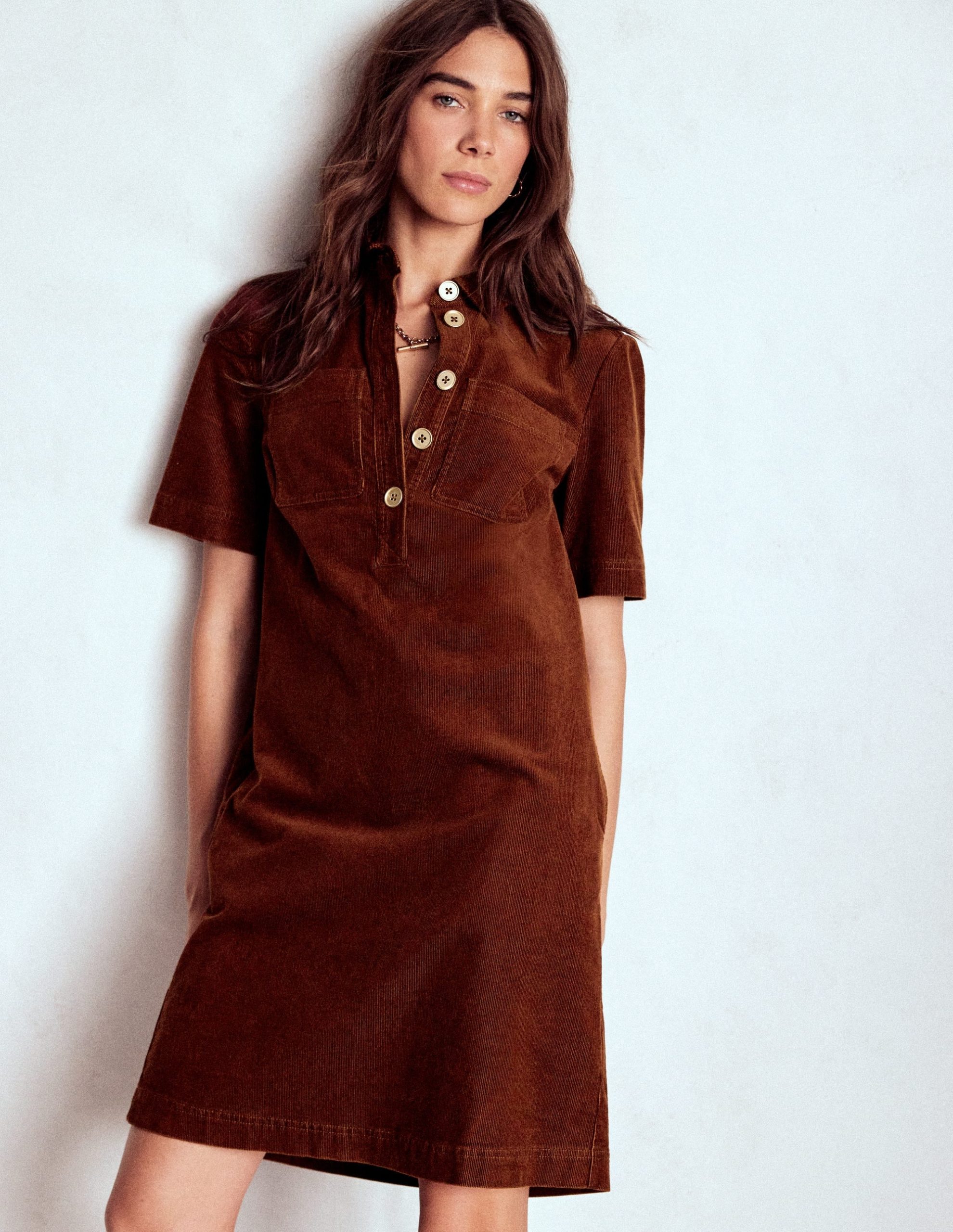 Zia Cord Pocket Shirt Dress-Copper Brown - Image 4