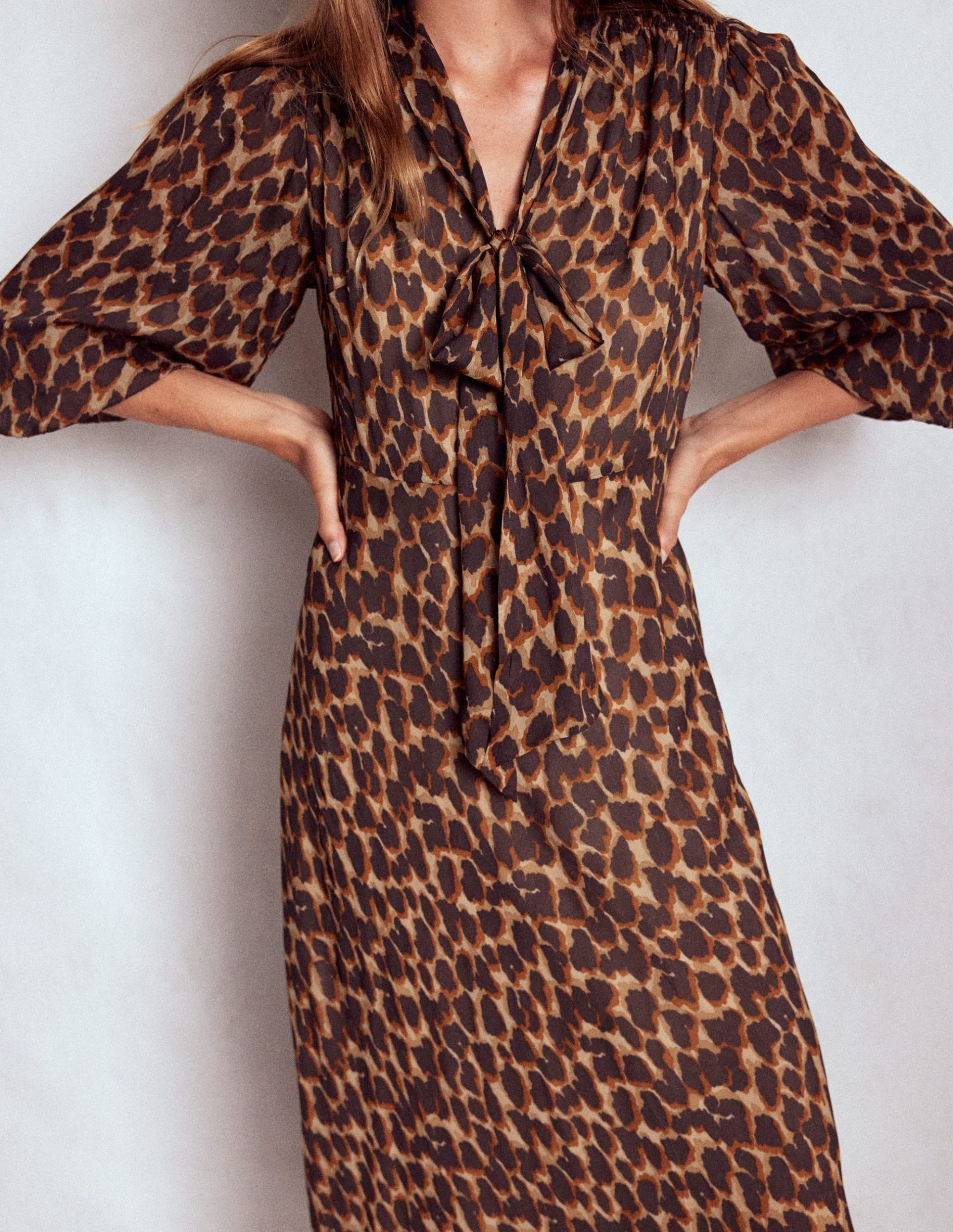 Brooke Tie Neck Tea Dress-Sand. Abstract Leopard Spot - Image 2