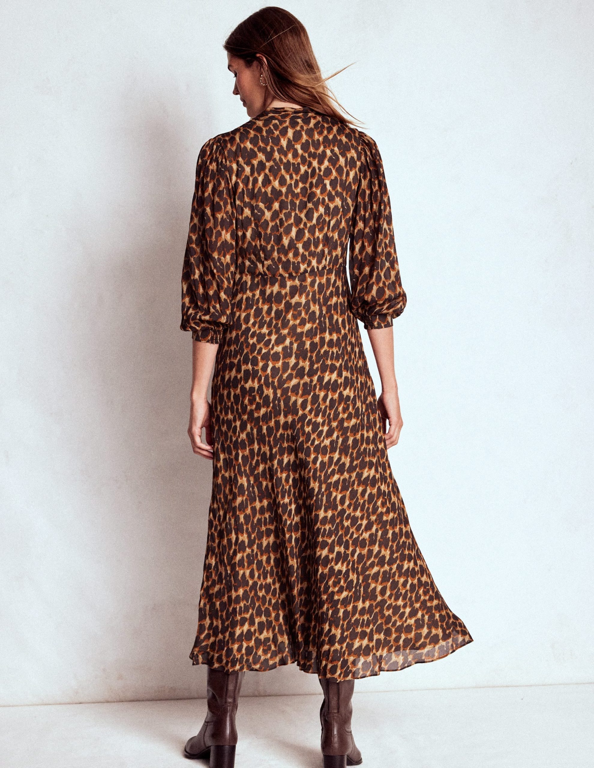Brooke Tie Neck Tea Dress-Sand. Abstract Leopard Spot - Image 3