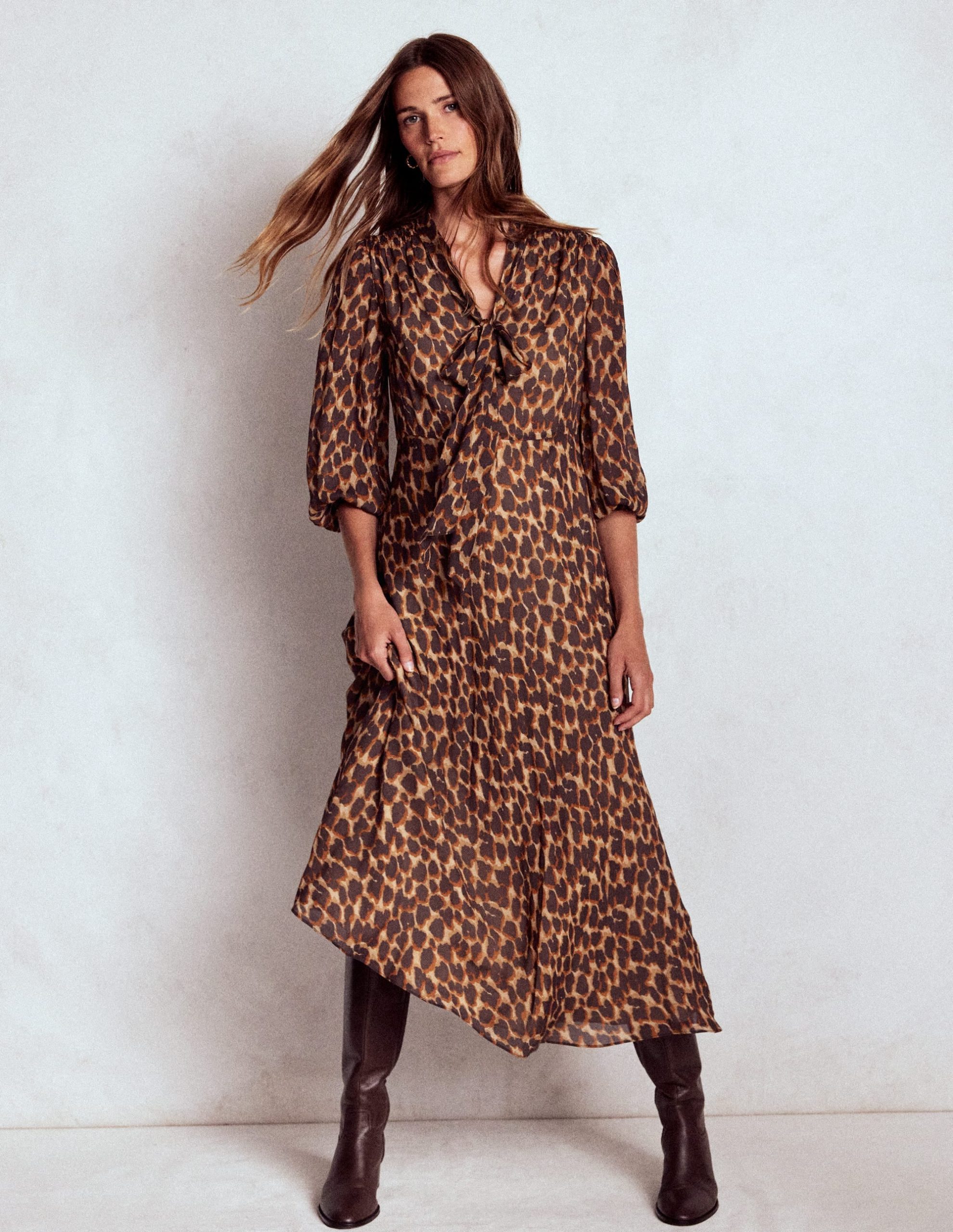 Brooke Tie Neck Tea Dress-Sand. Abstract Leopard Spot - Image 4