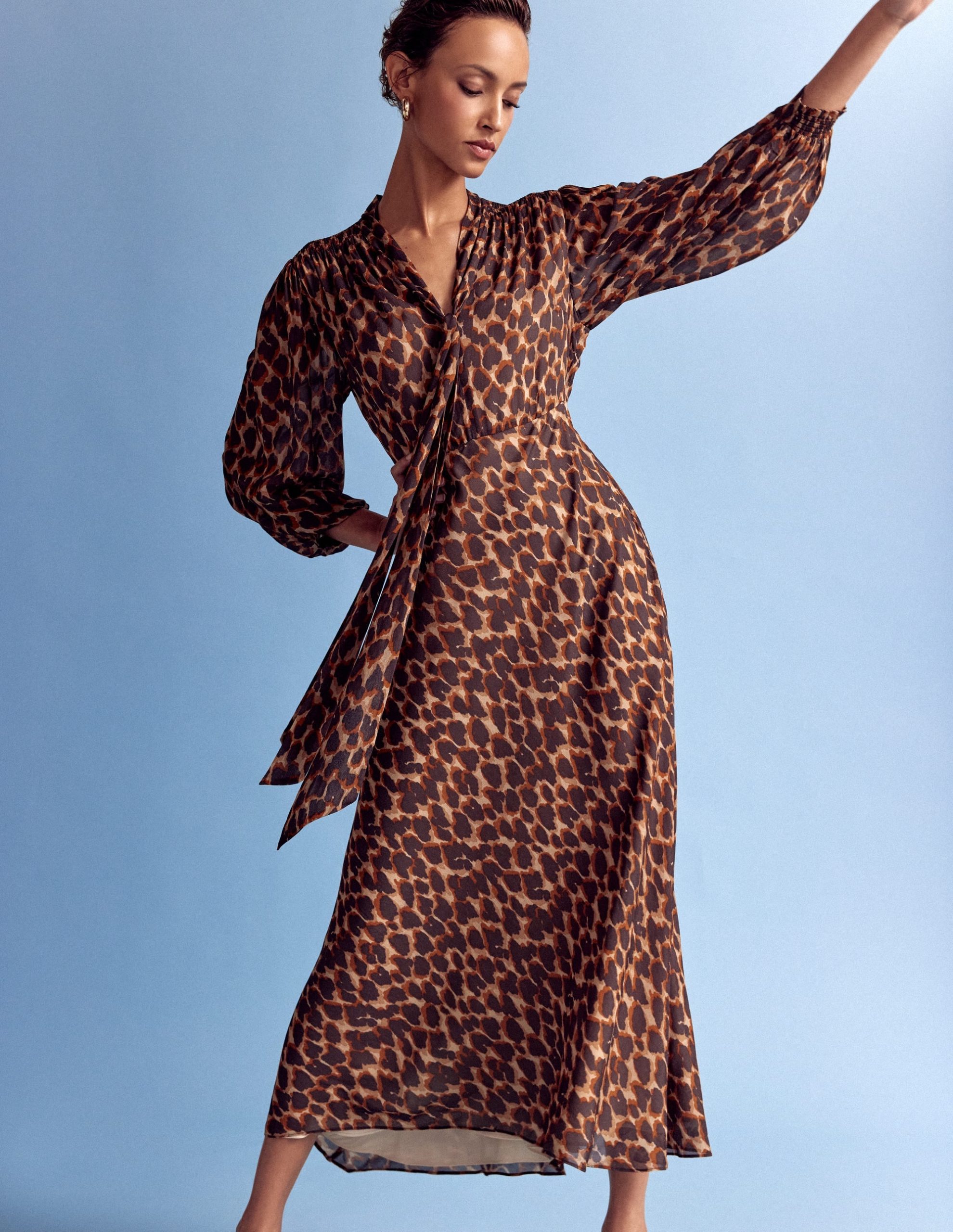Brooke Tie Neck Tea Dress-Sand. Abstract Leopard Spot - Image 5