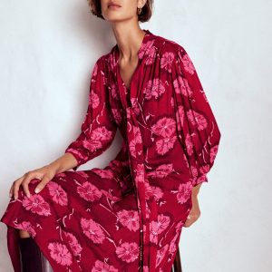 Brooke Tie Neck Tea Dress-Cranberry Red. Delicate Vine