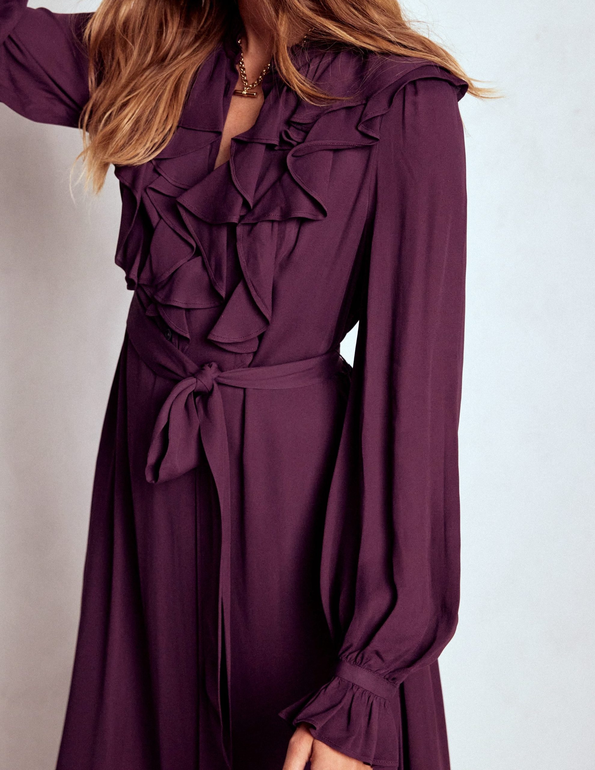 Ruffle Front Shirt Dress-Dark Cherry - Image 2