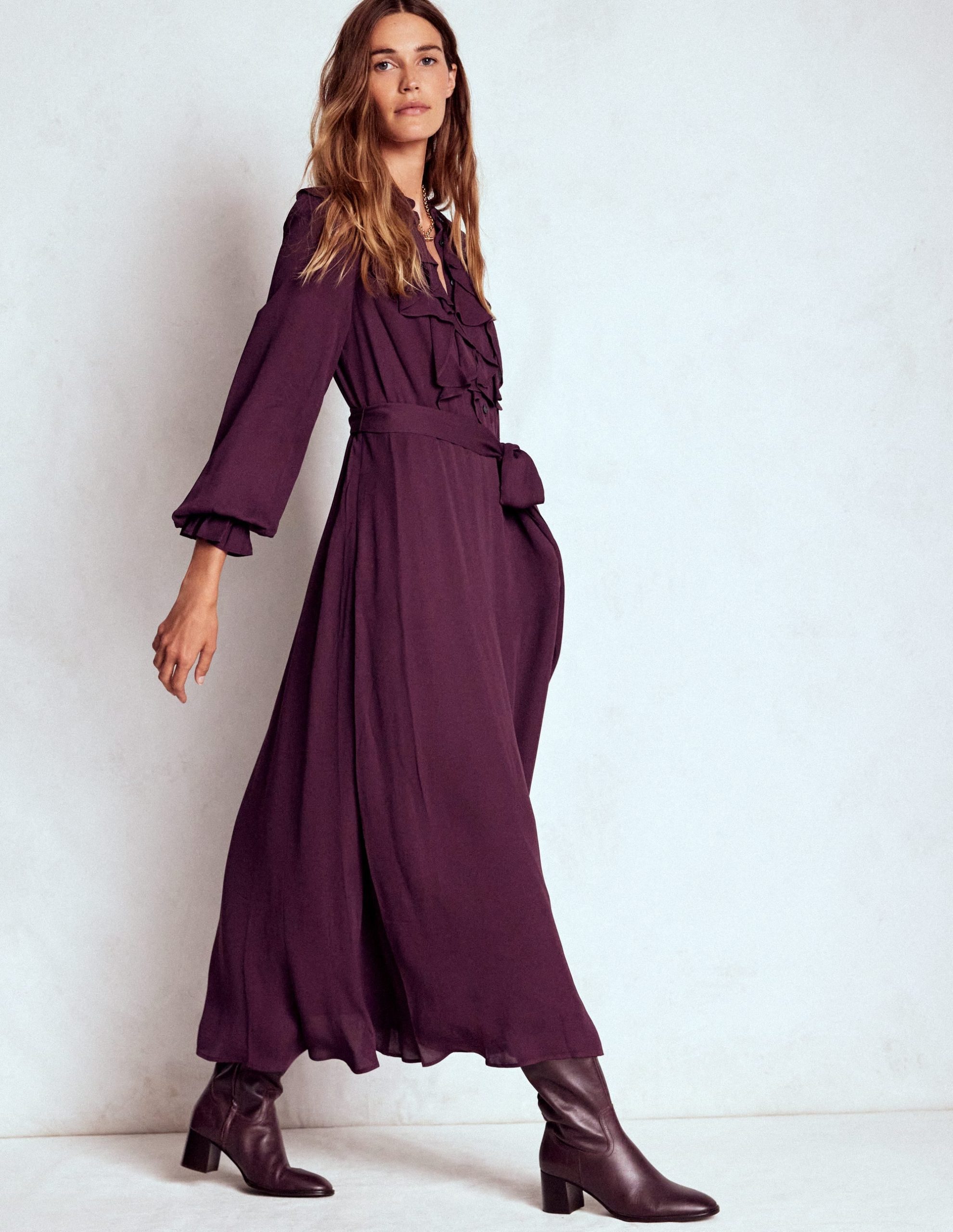 Ruffle Front Shirt Dress-Dark Cherry - Image 4