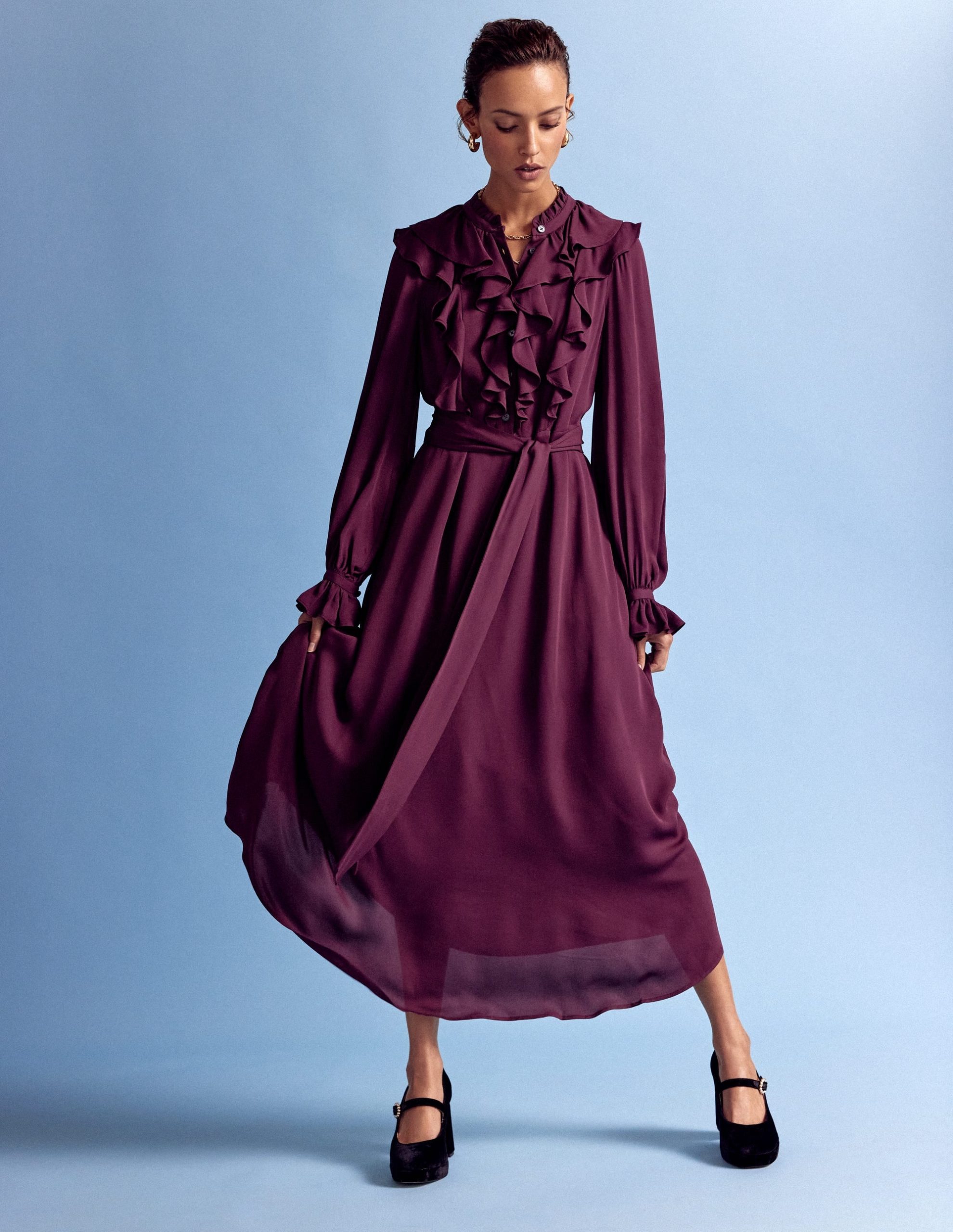 Ruffle Front Shirt Dress-Dark Cherry - Image 5