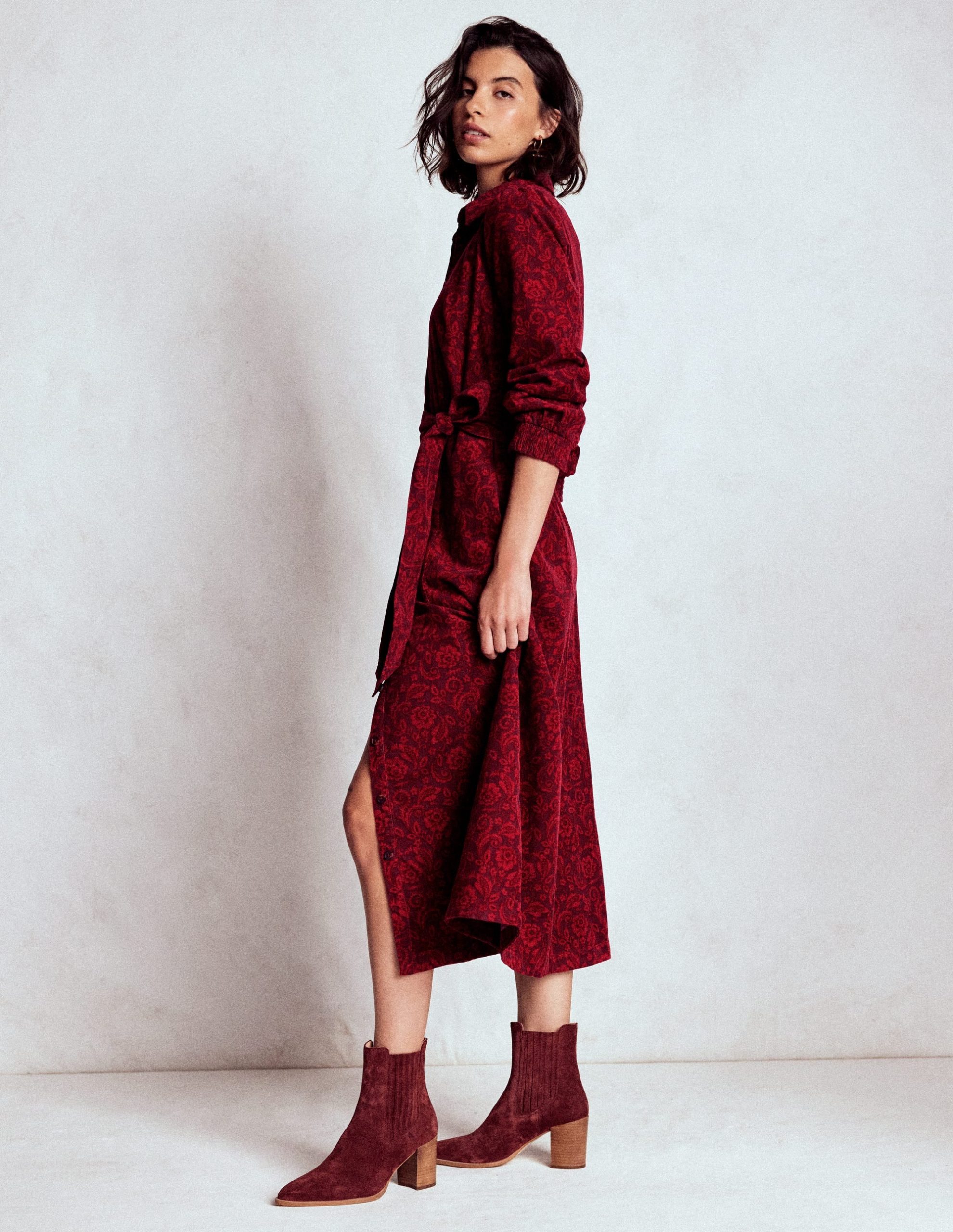 Clara Cord Midi Dress-Red Liquorice. Ornate Flora