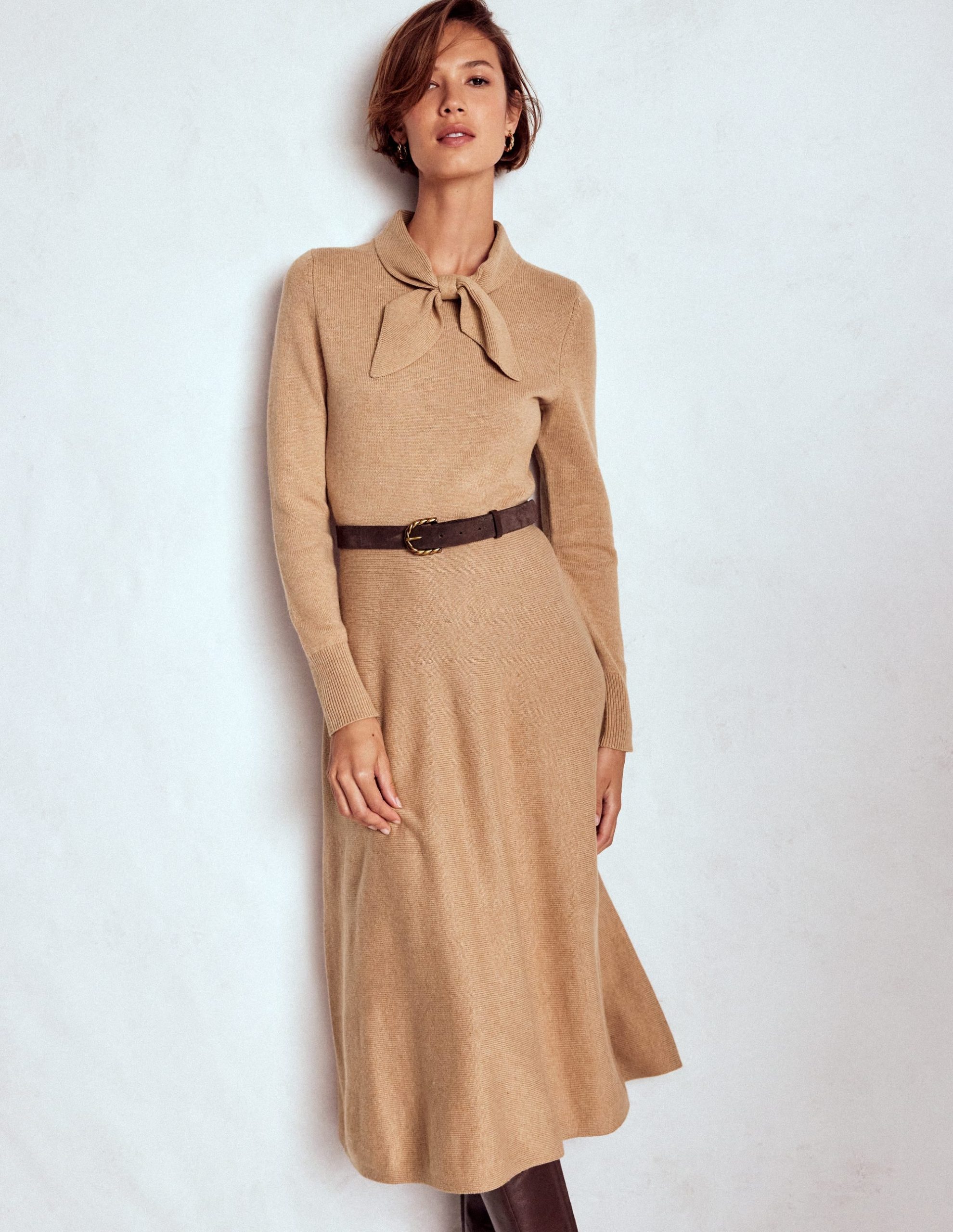 Knitted Bow Dress-Camel Melange - Image 2