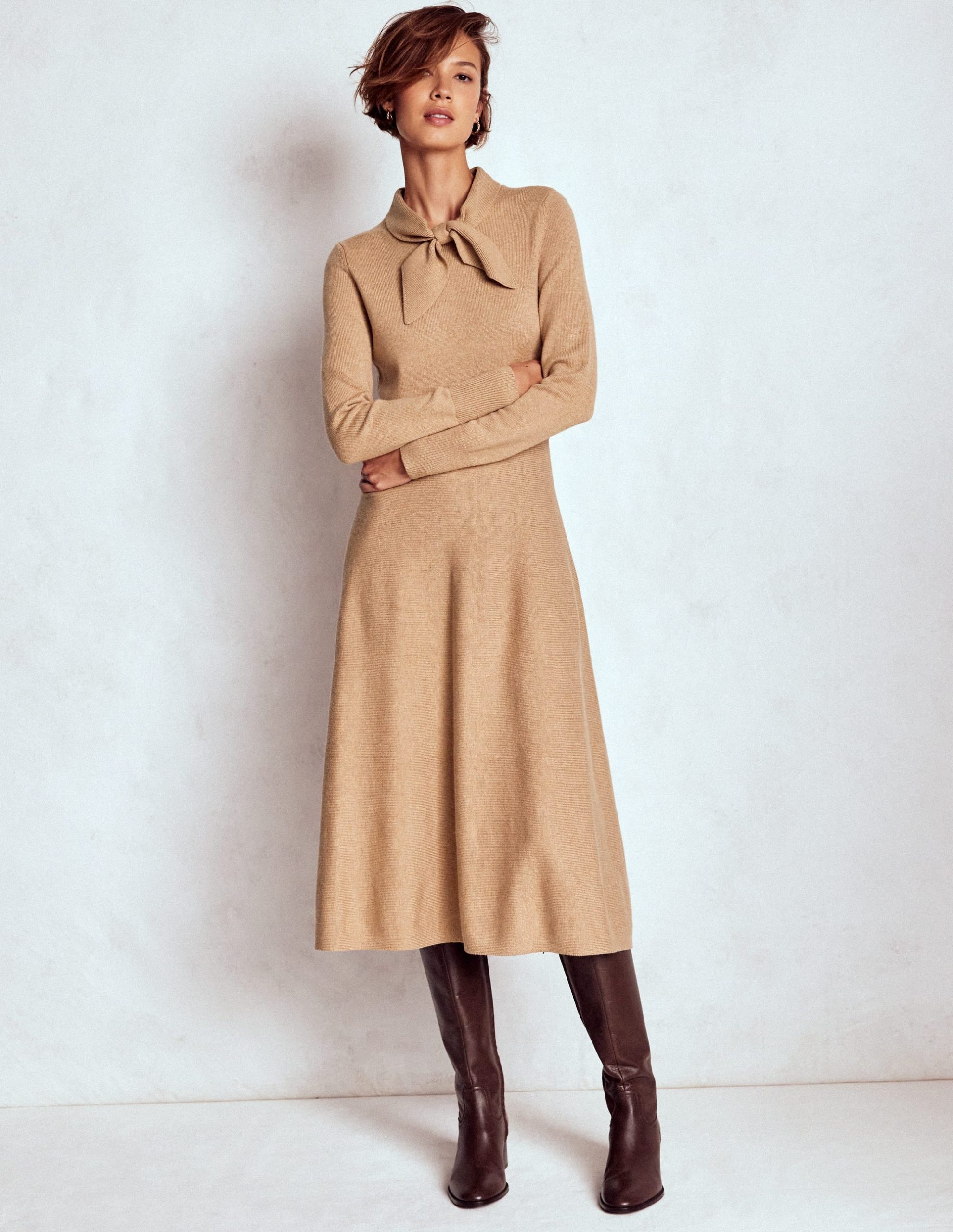 Knitted Bow Dress-Camel Melange - Image 4