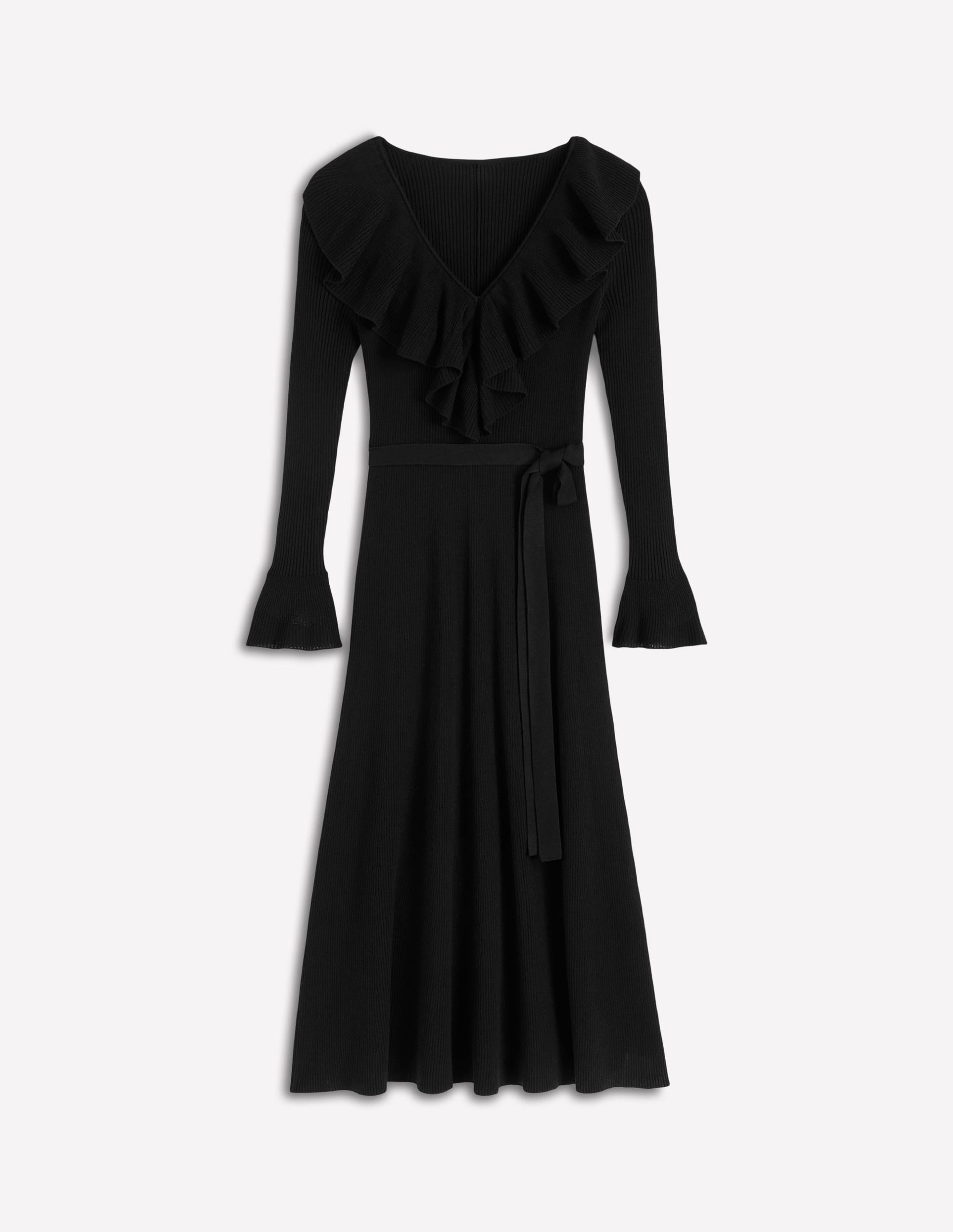 Ruffled Ribbed Dress-Black - Image 5