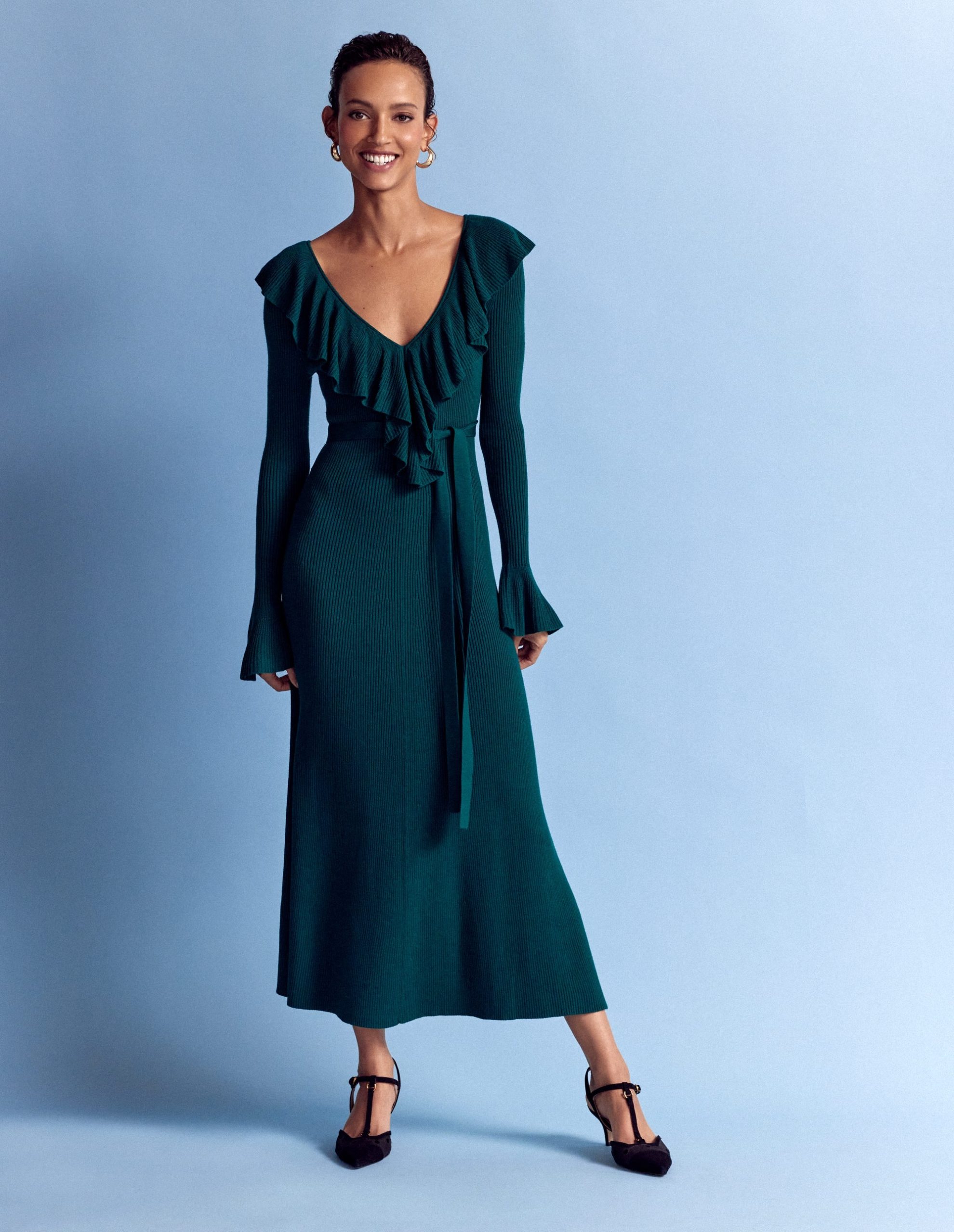 Ruffled Ribbed Dress-Emerald Night - Image 5