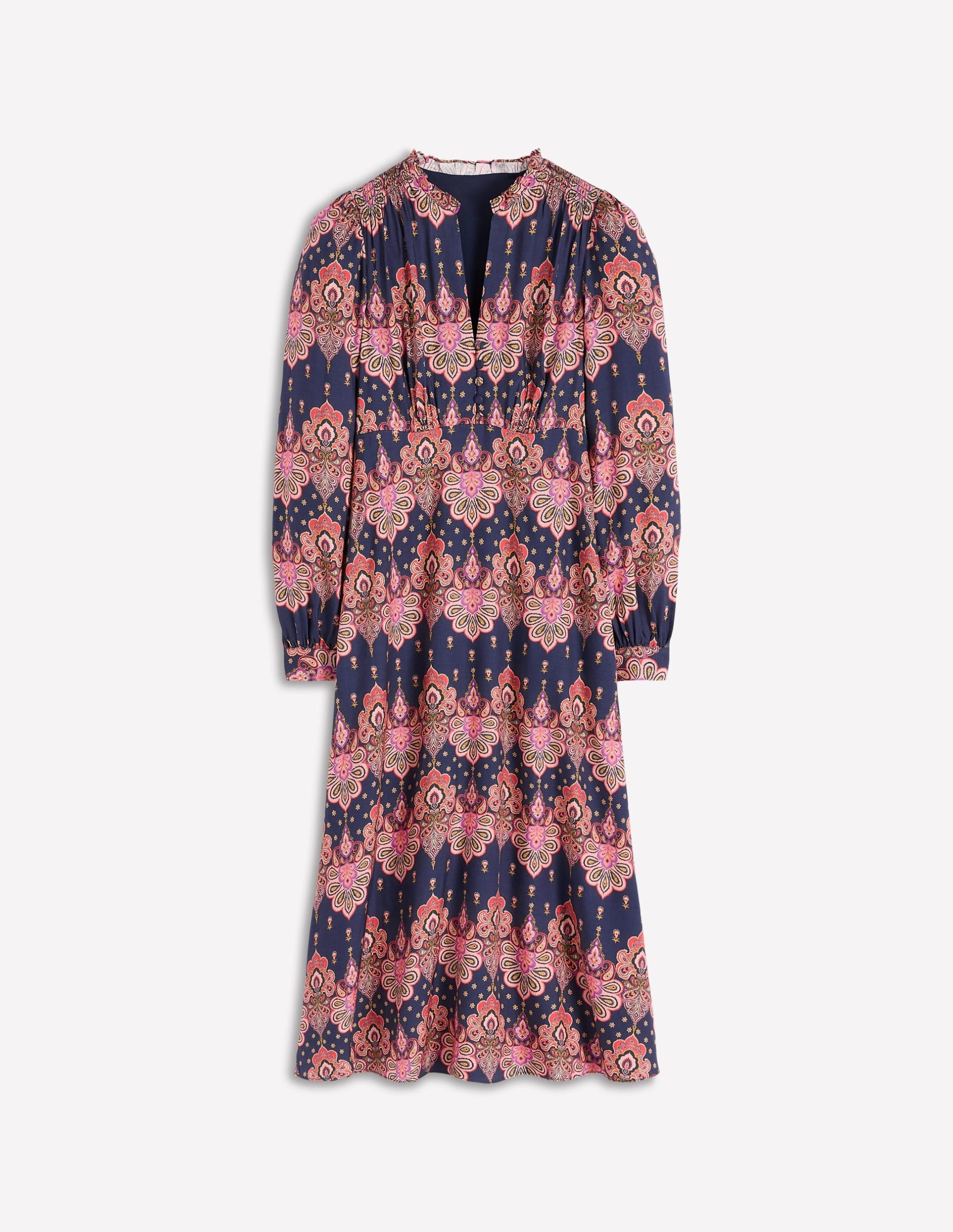 Cassie Smocked Tea Dress-Navy. Embellished Paisley - Image 6
