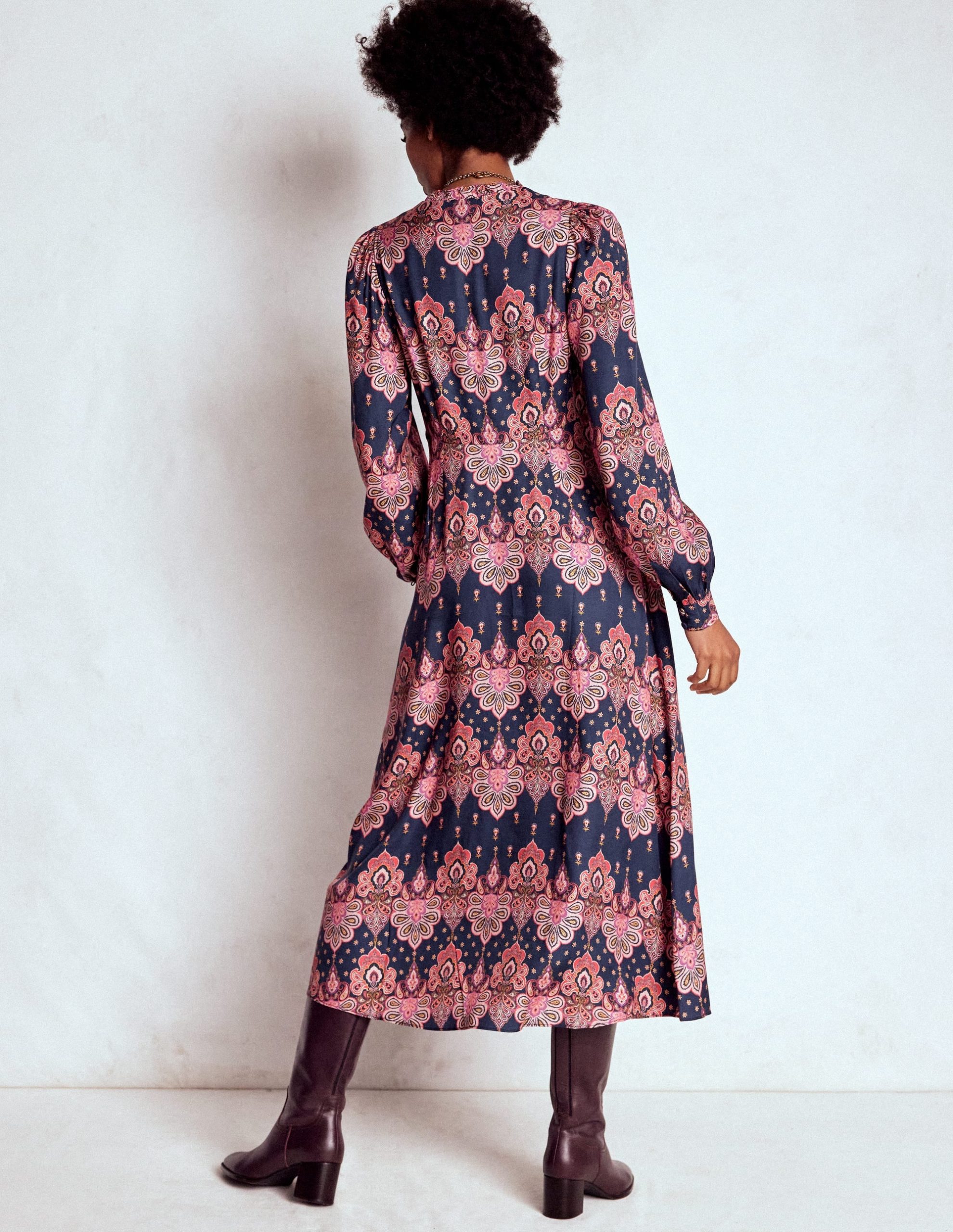 Cassie Smocked Tea Dress-Navy. Embellished Paisley - Image 3