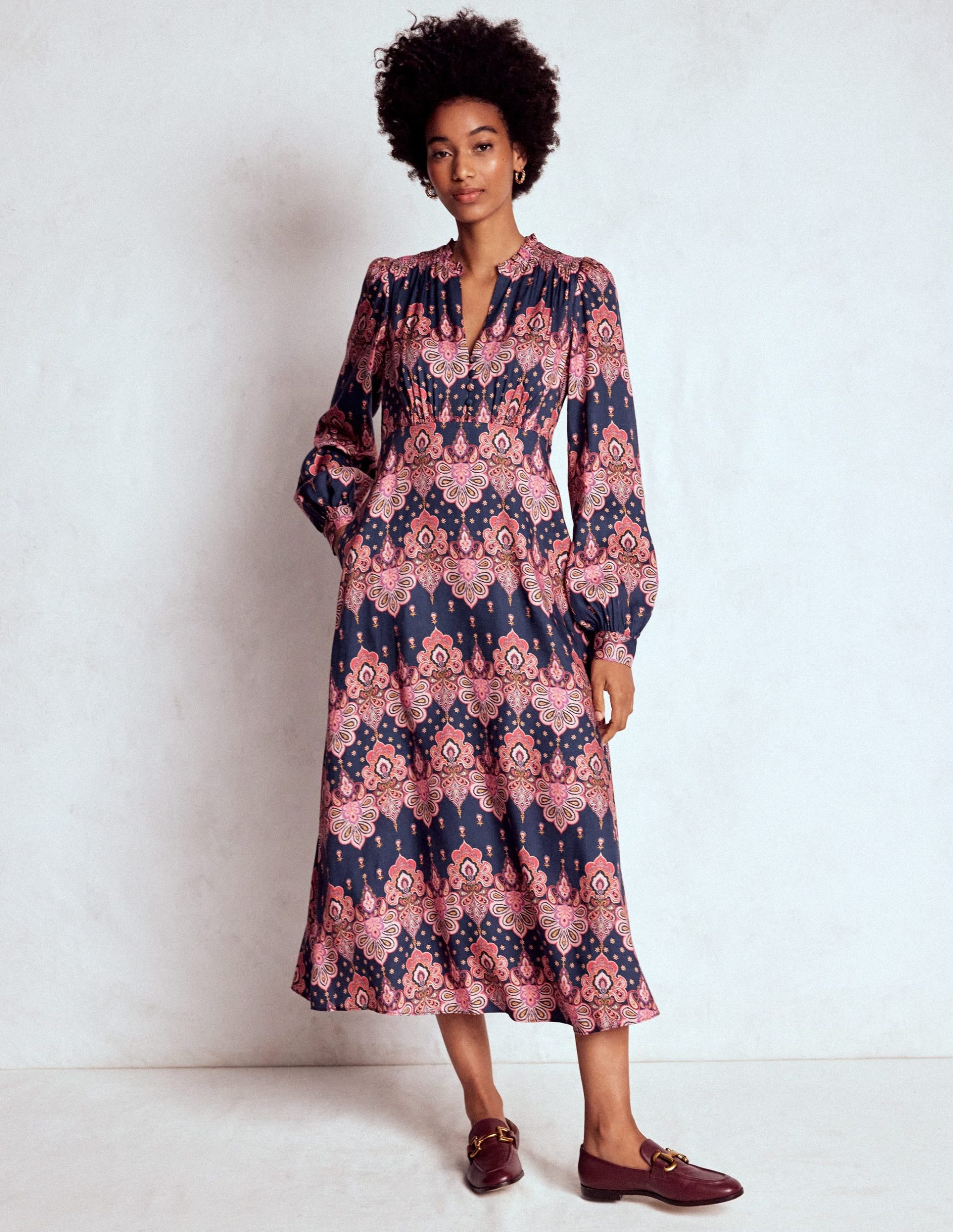 Cassie Smocked Tea Dress-Navy. Embellished Paisley - Image 5