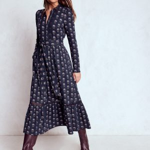 Edwina Jersey Shirt Dress-French Navy. Woodblock Flower