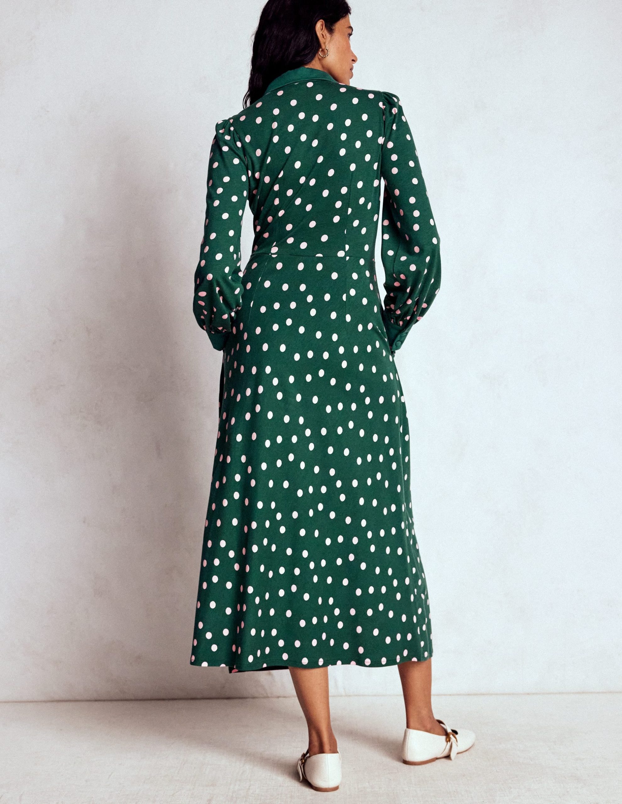 Empire Waistline Shirt Dress-Emerald Night. Painted Dot - Image 3