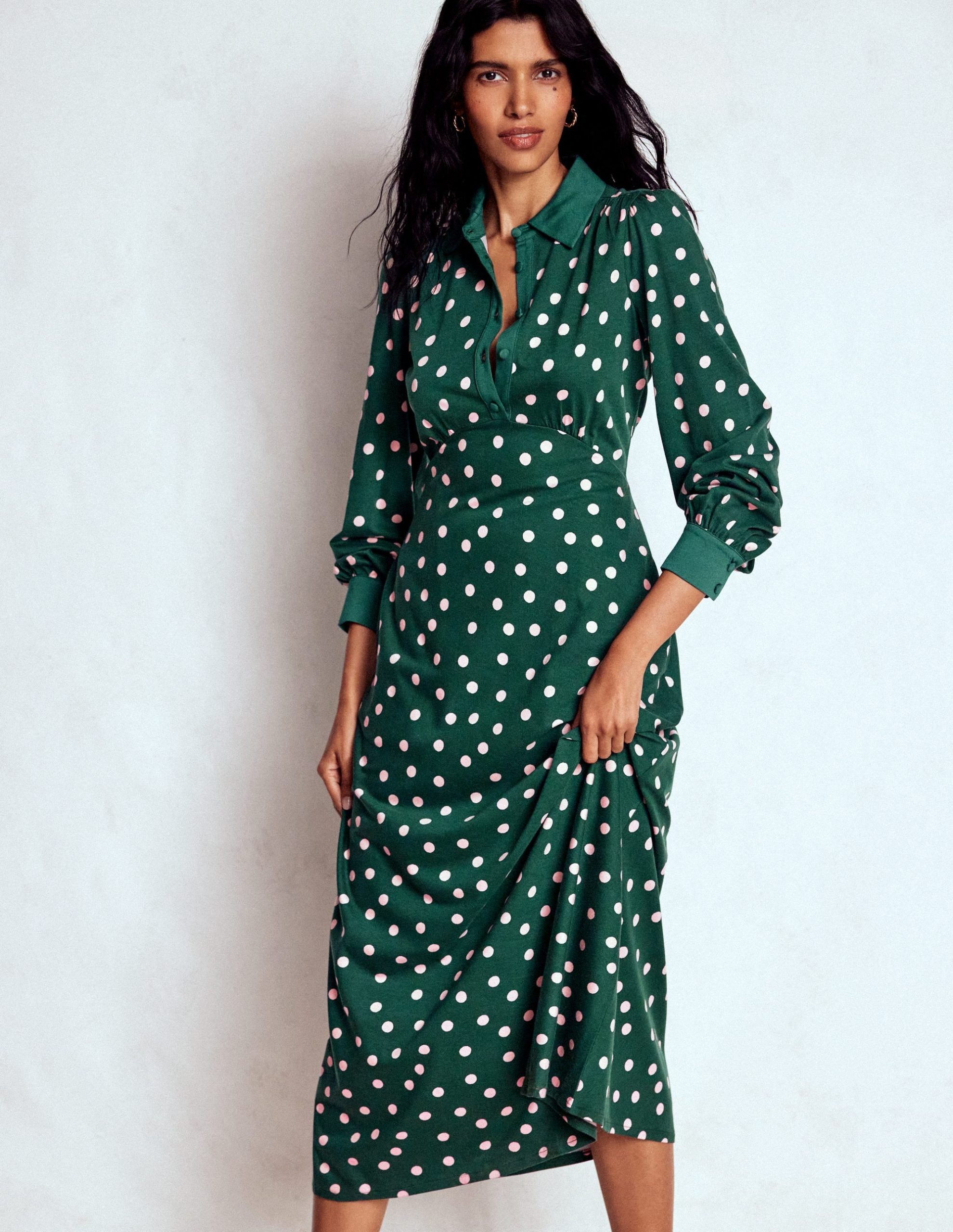 Empire Waistline Shirt Dress-Emerald Night. Painted Dot - Image 4