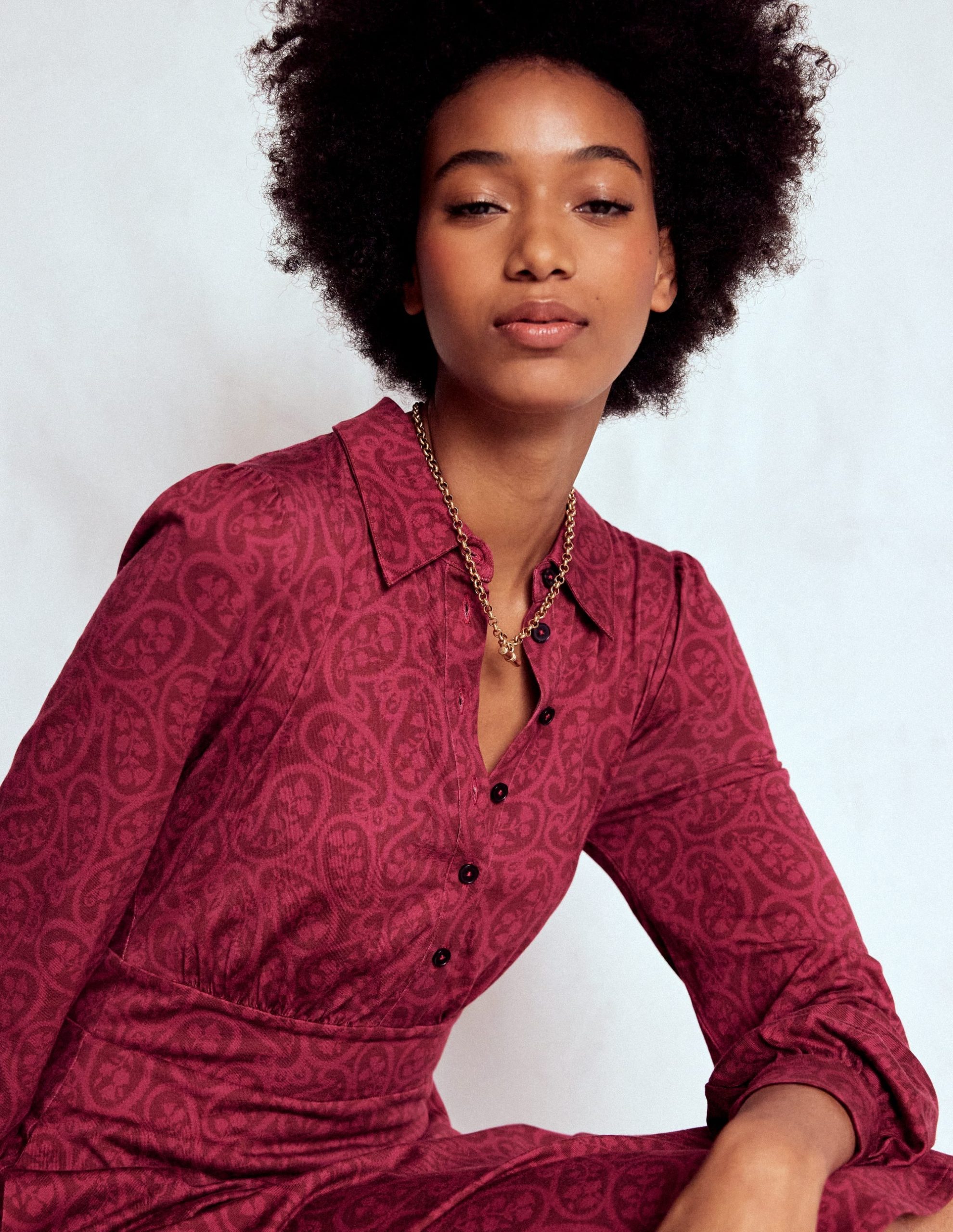 Orla Short Jersey Shirt Dress-Chestnut. Blossomy Paisley - Image 2