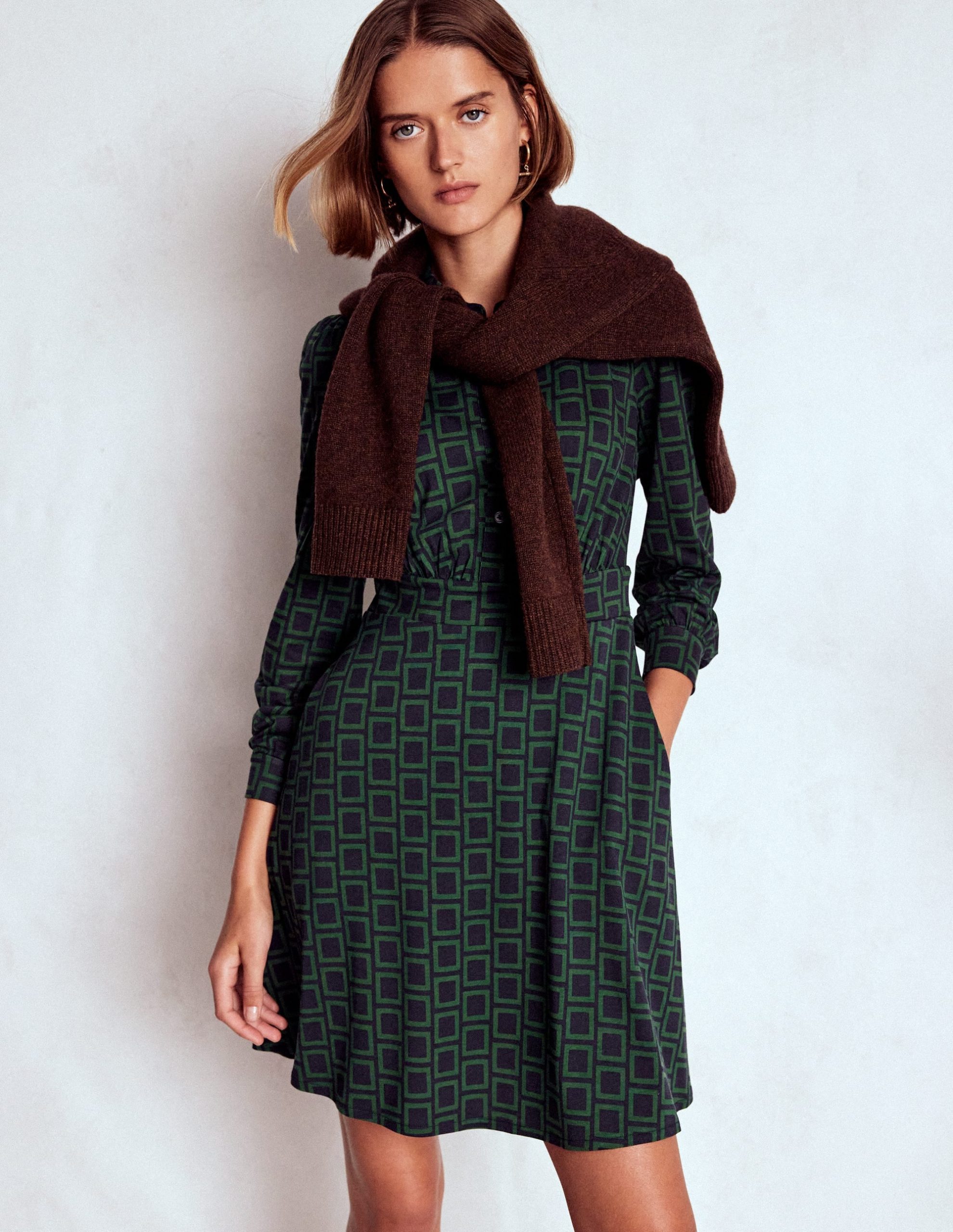 Orla Short Jersey Shirt Dress-Dark Green. Square Geometric - Image 5