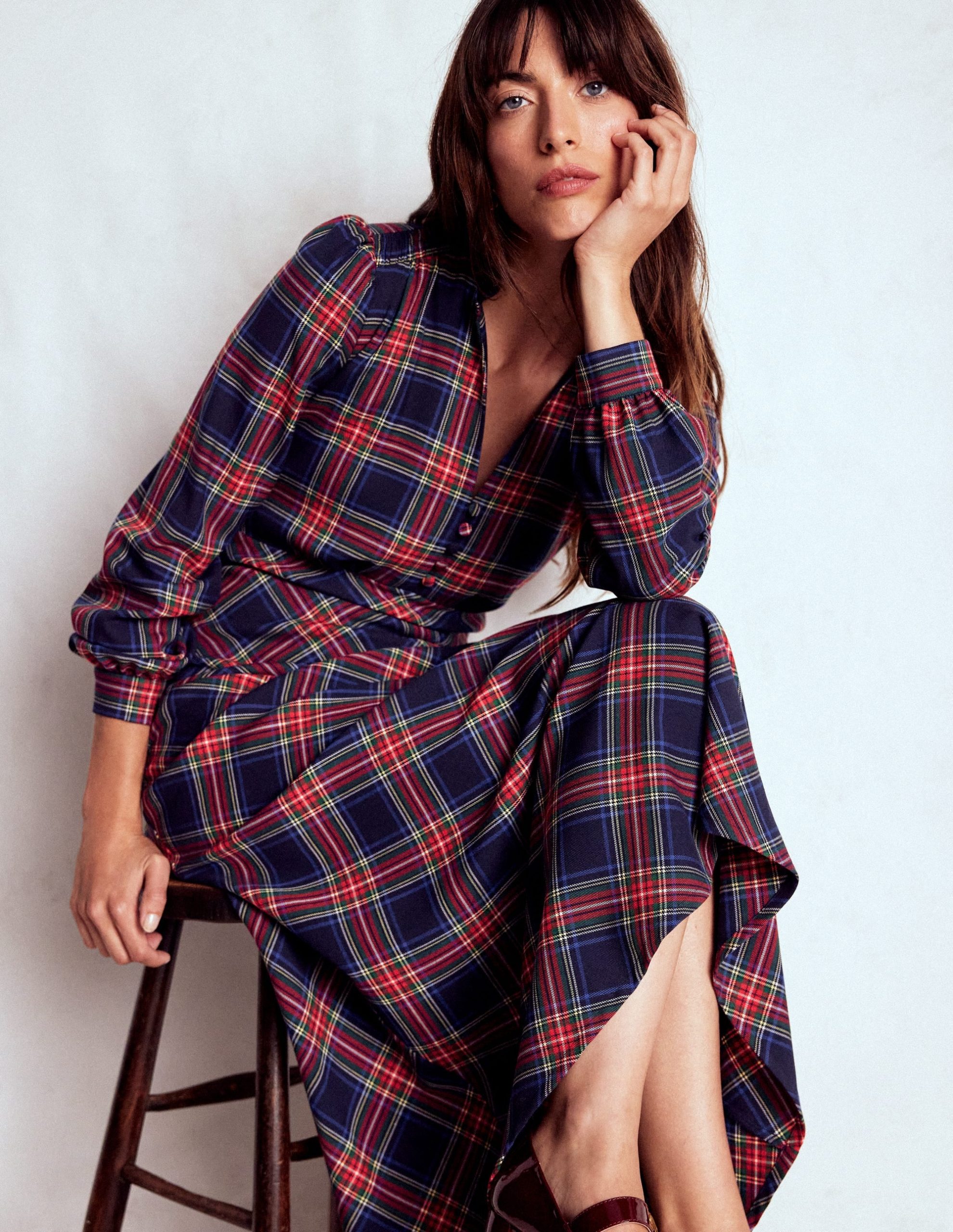 Cassie Check Tea Dress-Navy. Green and Red Check