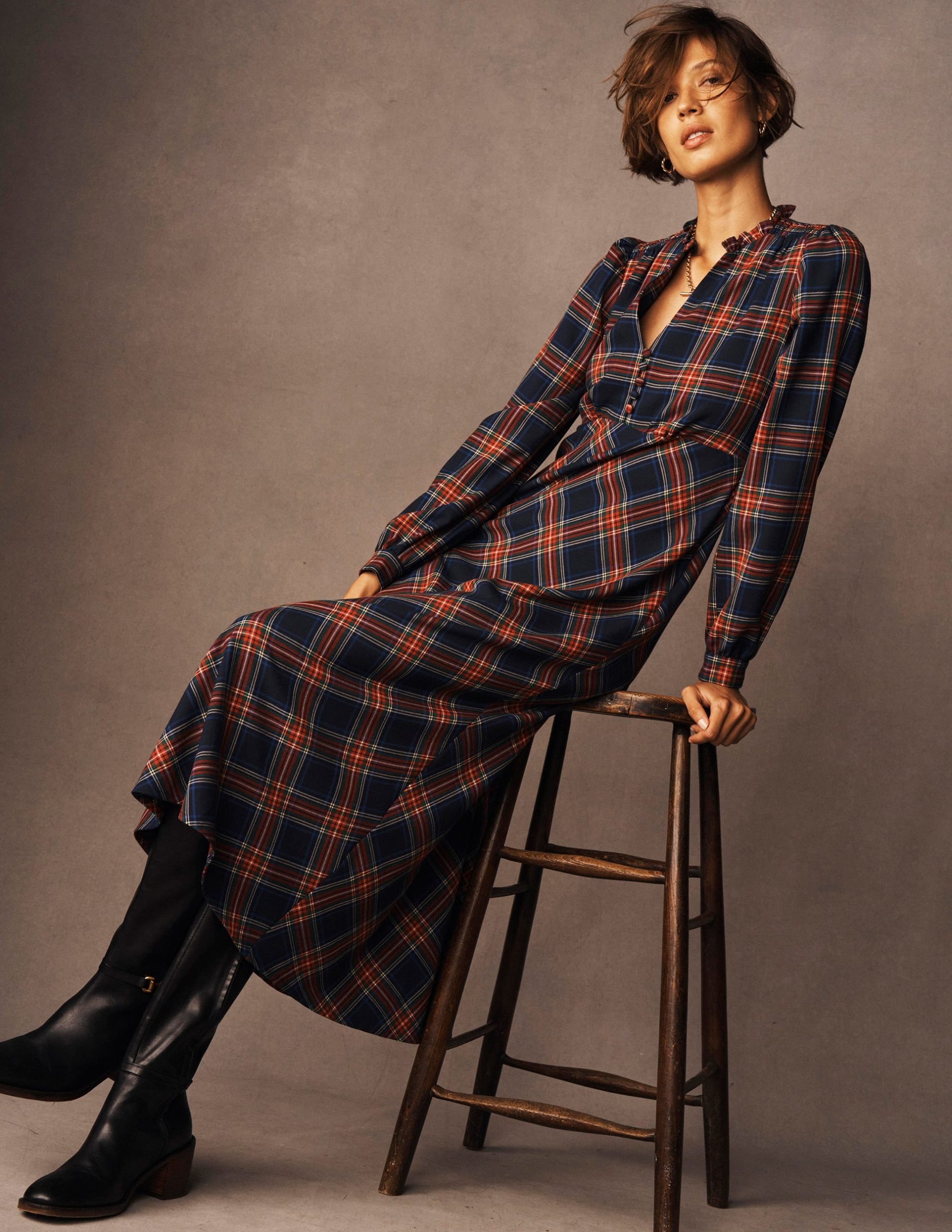 Cassie Check Tea Dress-Navy. Green and Red Check - Image 5