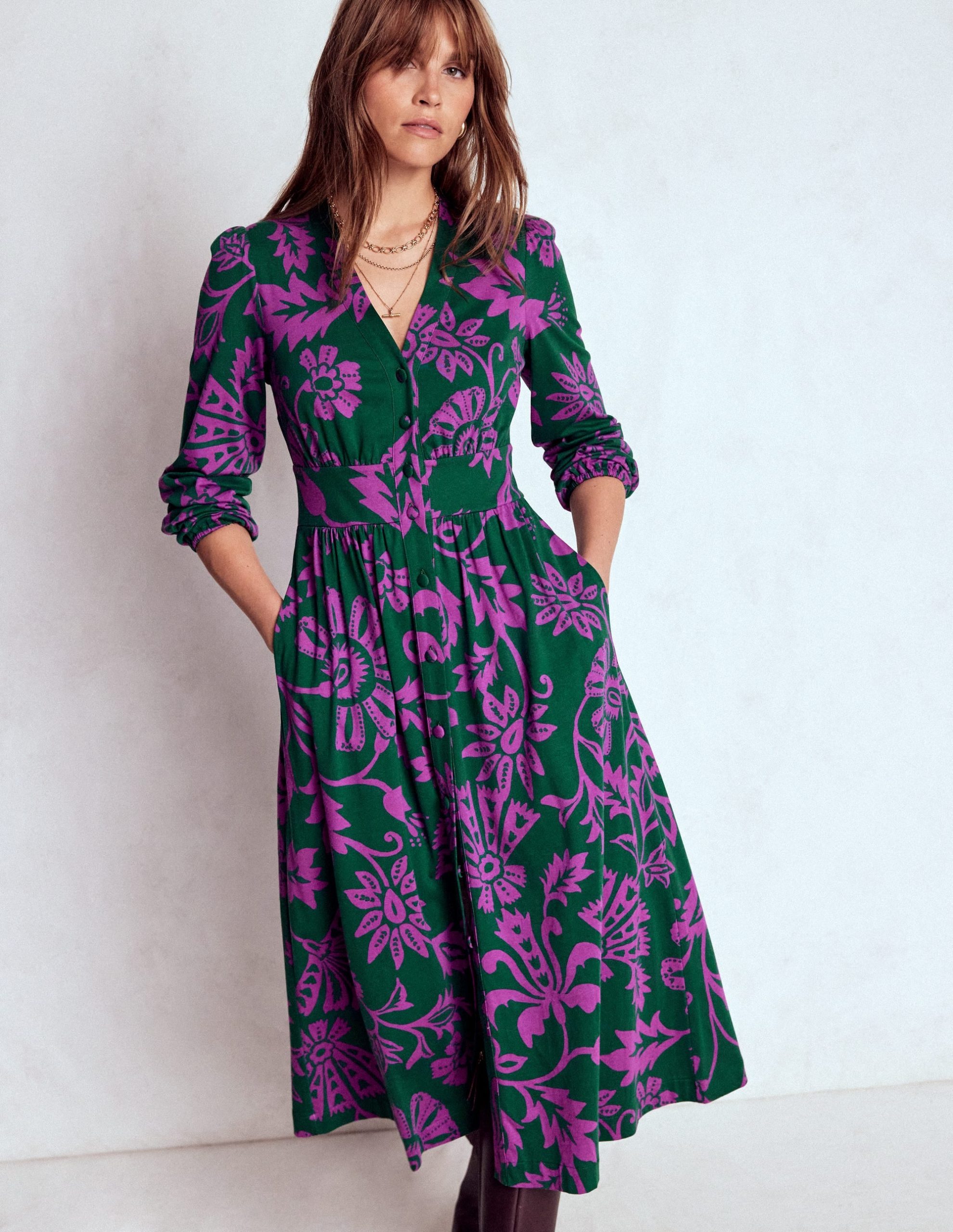 Natalia Long Sleeve Tea Dress-Emerald Night. Elaborate Vine - Image 5