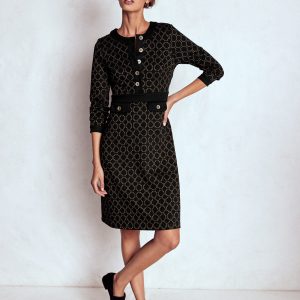 Lavinia Button Shift Dress-Black/Camel Jacquard