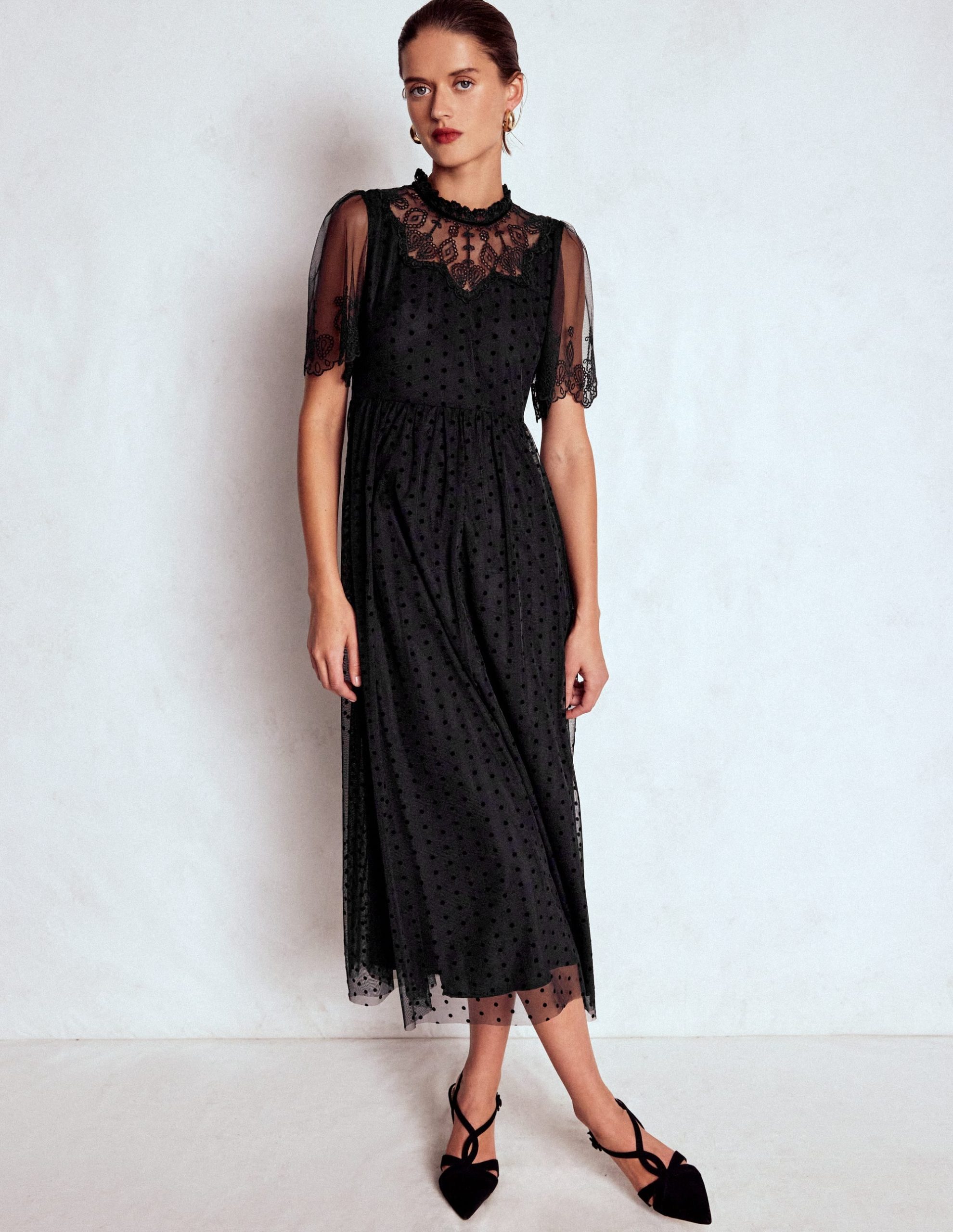 Embroidered Tulle Party Dress-Black - Image 5