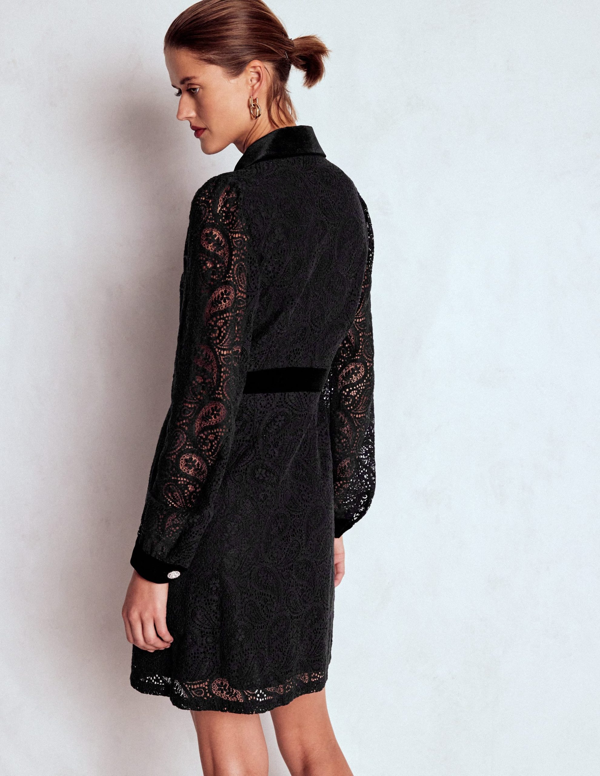 Collar Button Lace Dress-Black - Image 4