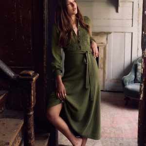 Lace Insert Knitted Midi Dress-Forest Glade