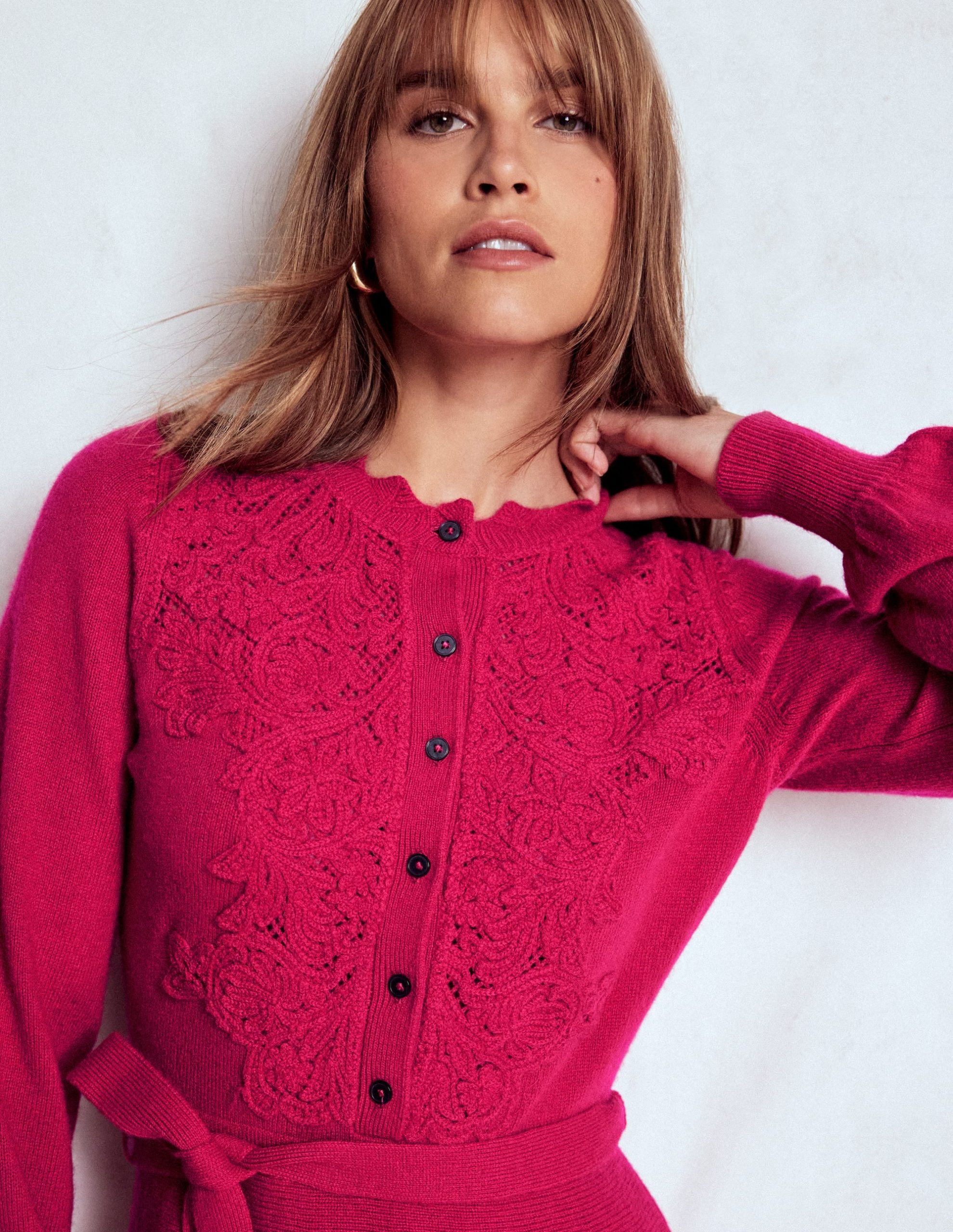 Lace Insert Knitted Midi Dress-Vibrant Pink - Image 2