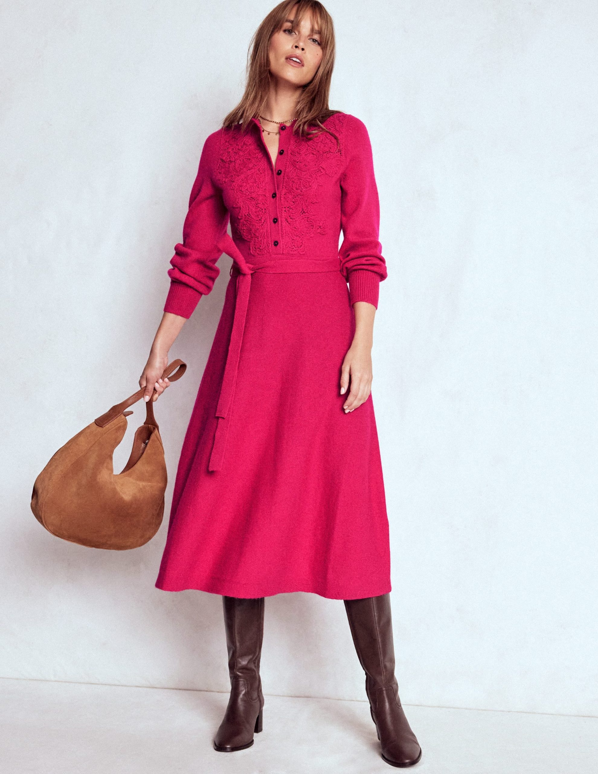 Lace Insert Knitted Midi Dress-Vibrant Pink - Image 4