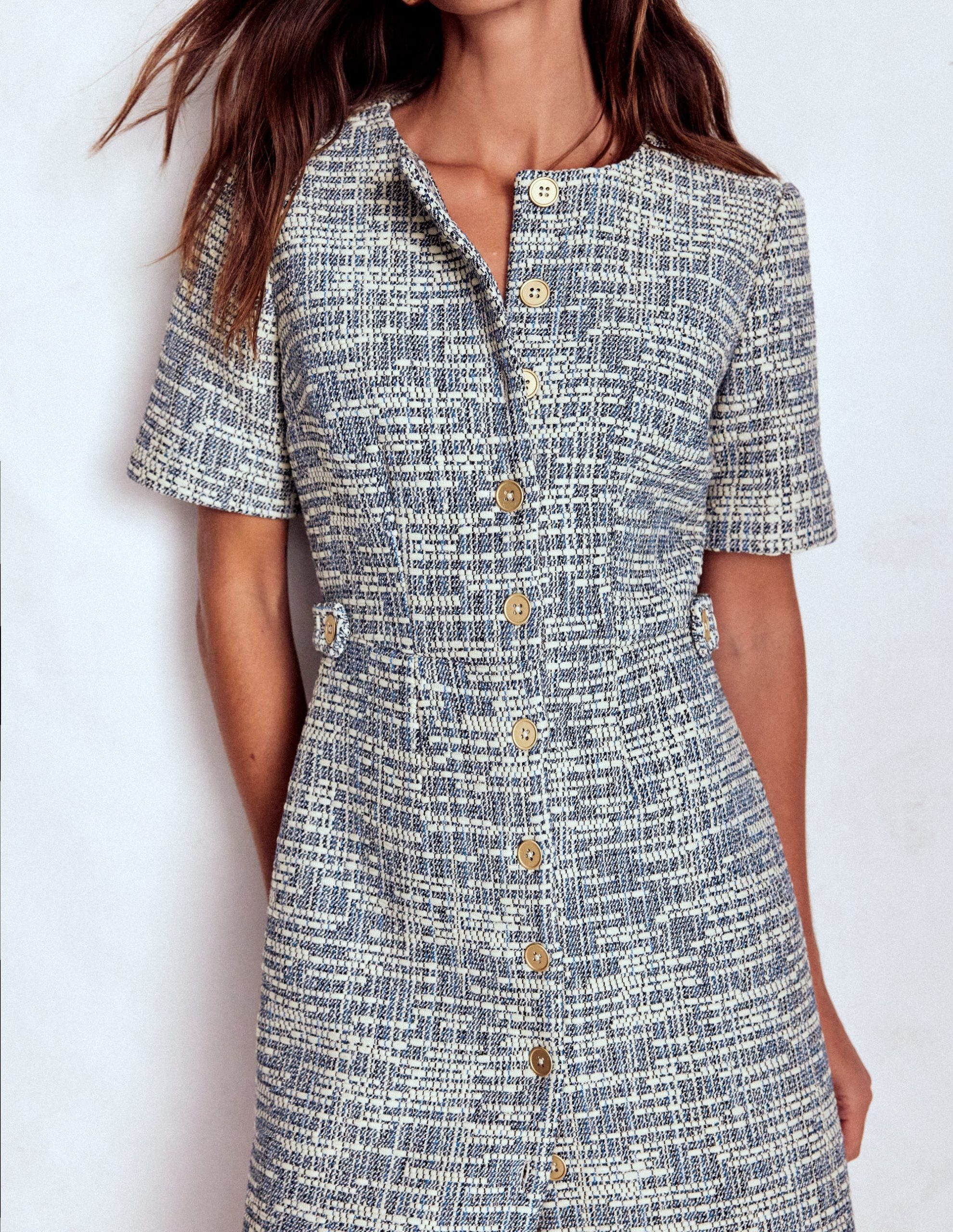 Textured Tab Short Dress-Blue and White Texture - Image 3