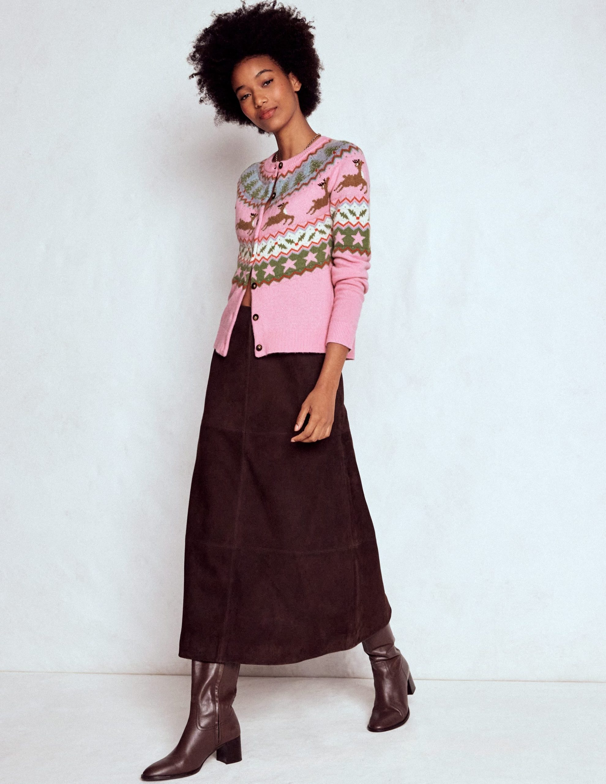 Edie Fair Isle Cardigan-Pink. Reindeer - Image 2