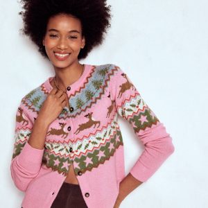 Edie Fair Isle Cardigan-Pink. Reindeer