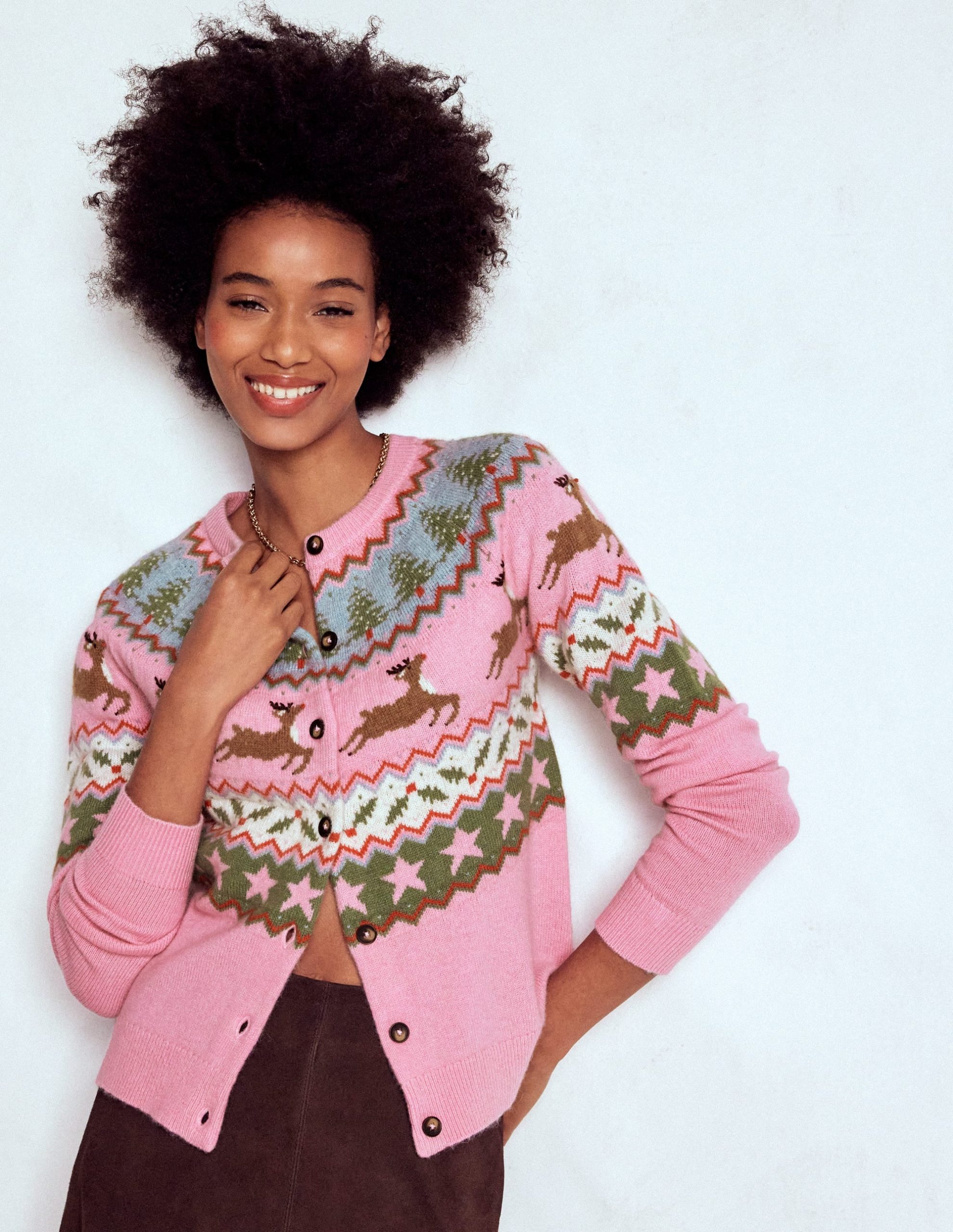 Edie Fair Isle Cardigan-Pink. Reindeer