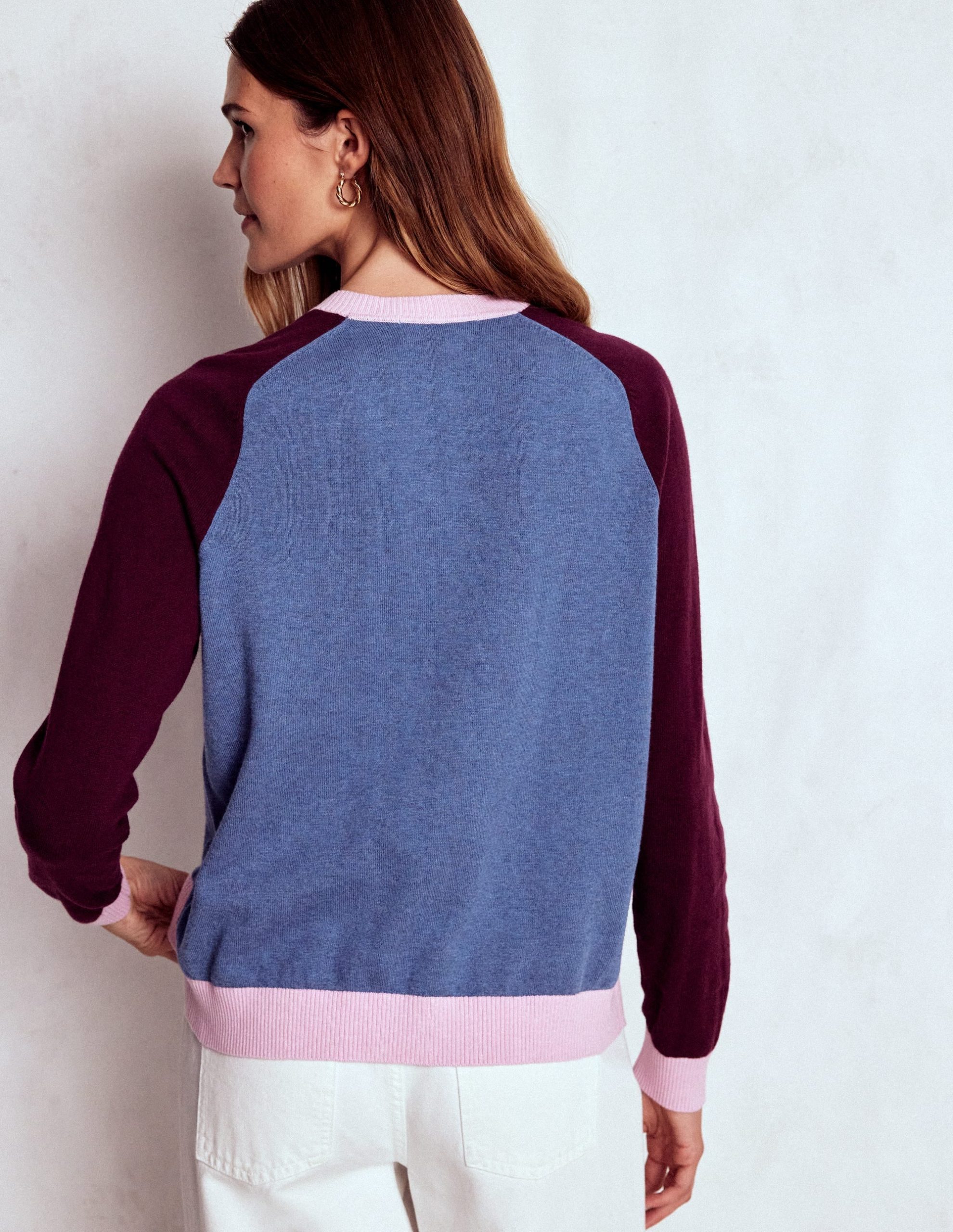 Meg Raglan Sleeve Cardigan-Harbour Blue. Colour Block - Image 3